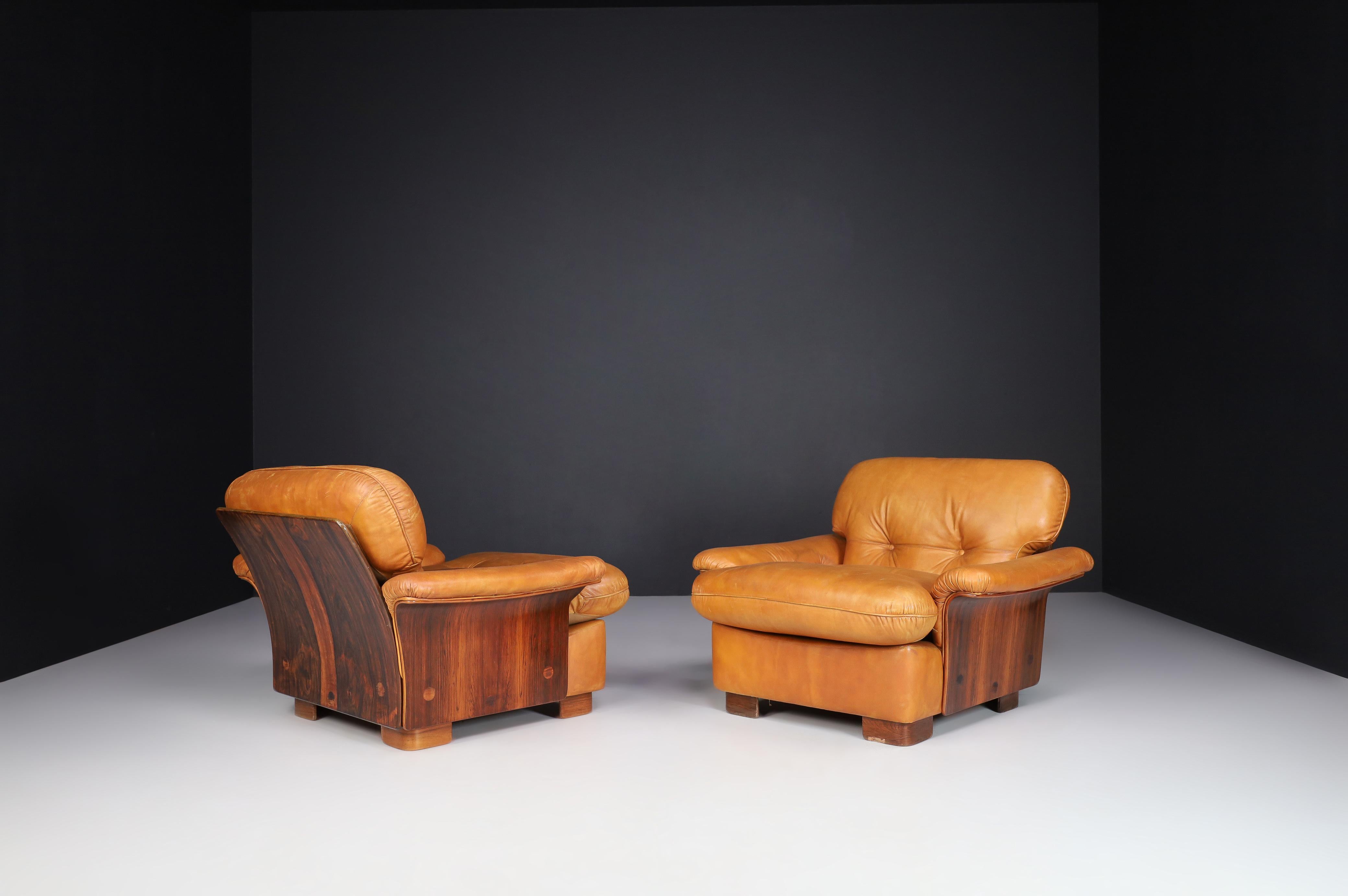 Italian Mid-Century Cognac Leather and Bentwood Armchairs-Lounge Chairs, Italy, 1960s