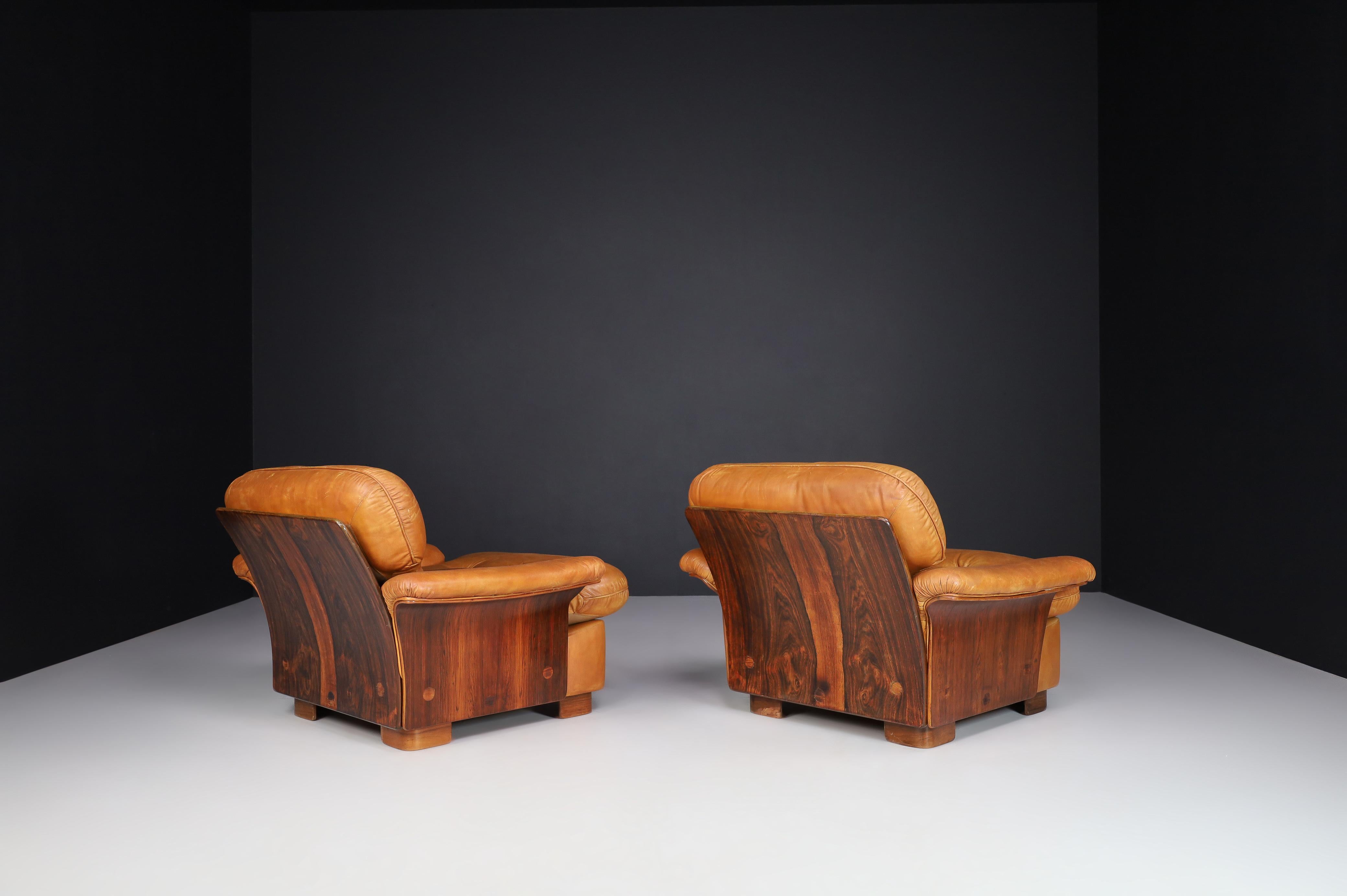 20th Century Mid-Century Cognac Leather and Bentwood Armchairs-Lounge Chairs, Italy, 1960s