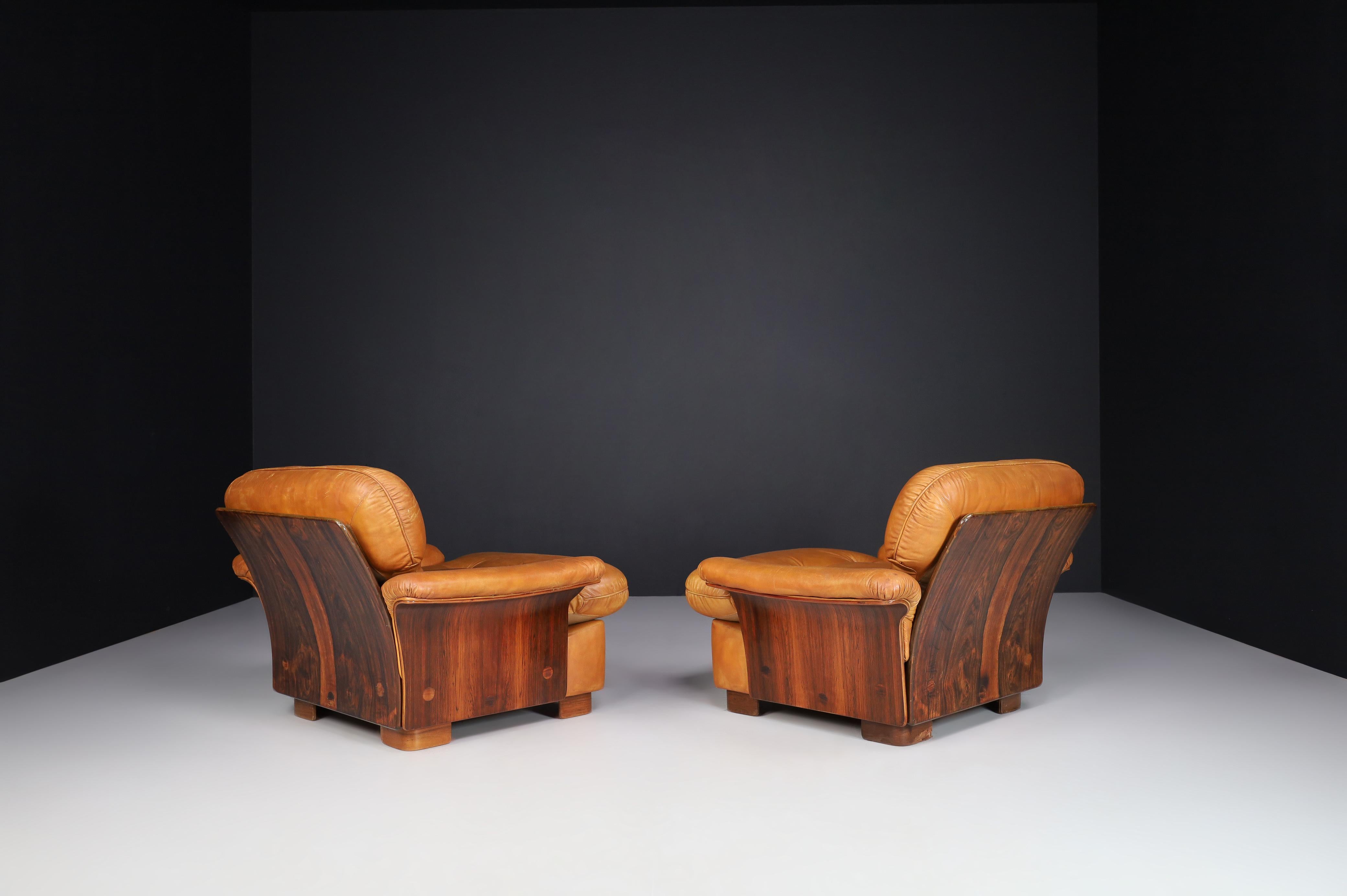Mid-Century Cognac Leather and Bentwood Armchairs-Lounge Chairs, Italy, 1960s 1
