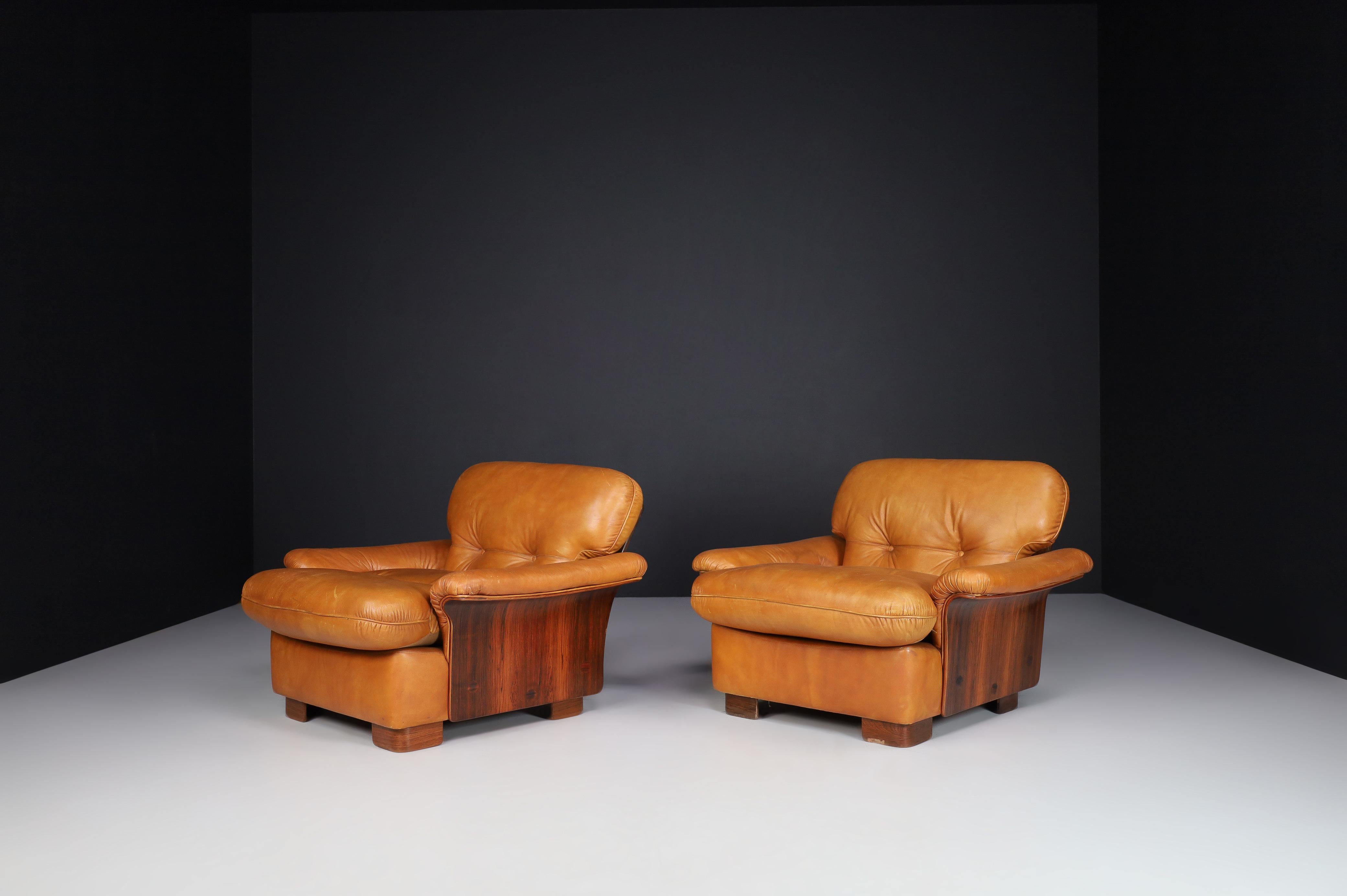 Mid-Century Cognac Leather and Bentwood Armchairs-Lounge Chairs, Italy, 1960s 2