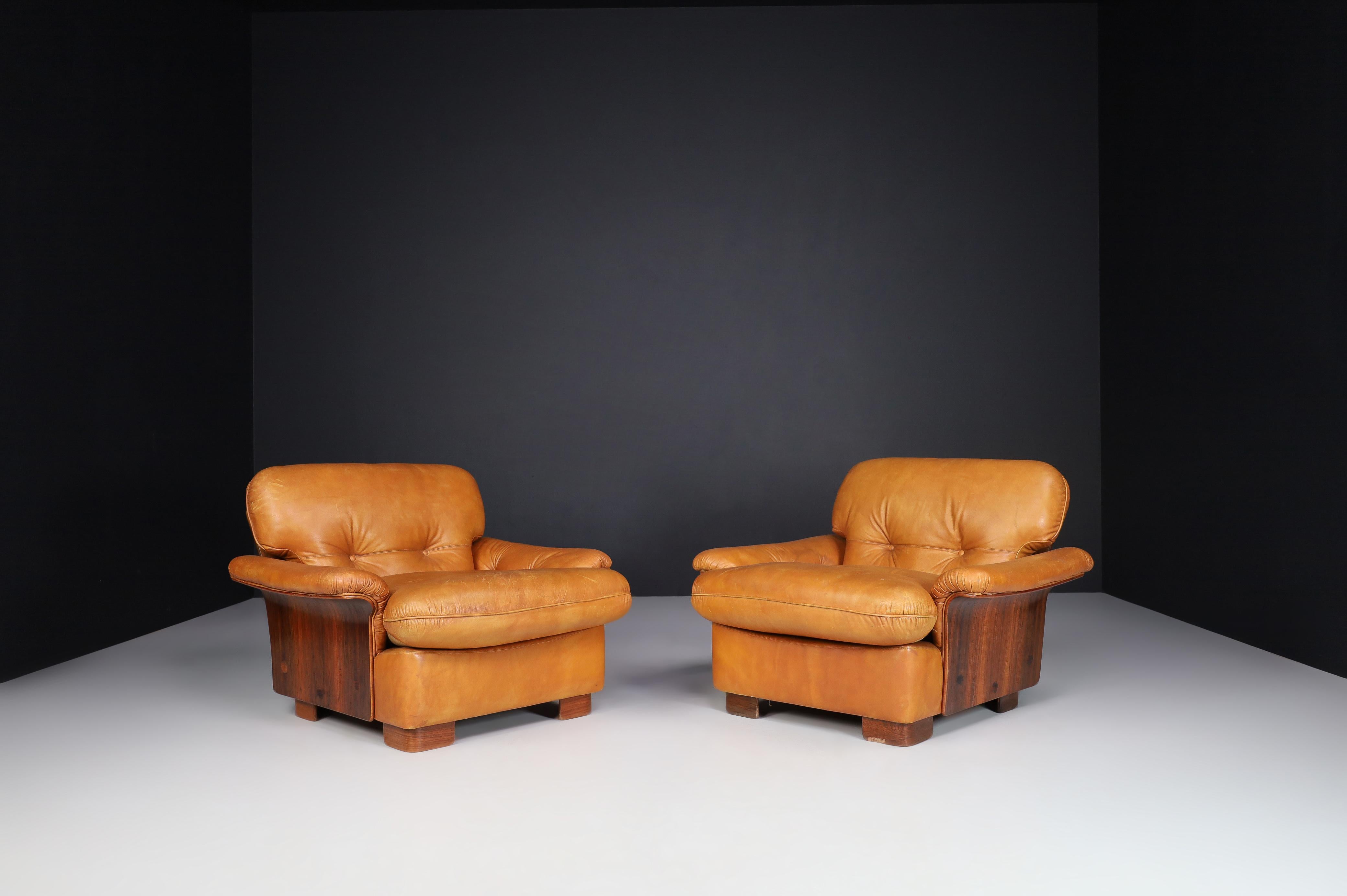 Mid-Century Cognac Leather and Bentwood Armchairs-Lounge Chairs, Italy, 1960s 3