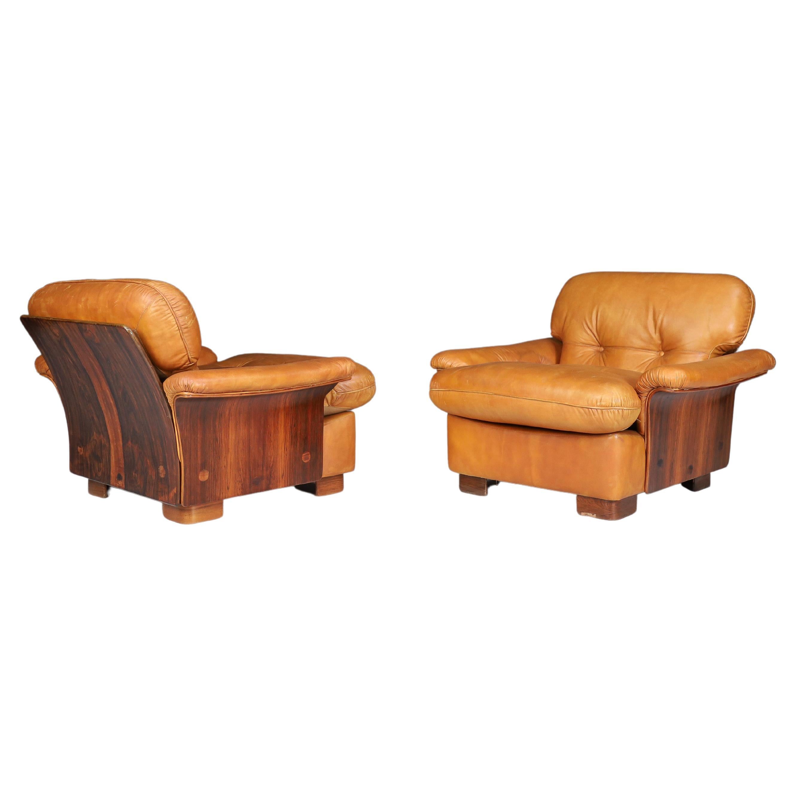 Mid-Century Cognac Leather and Bentwood Armchairs-Lounge Chairs, Italy, 1960s