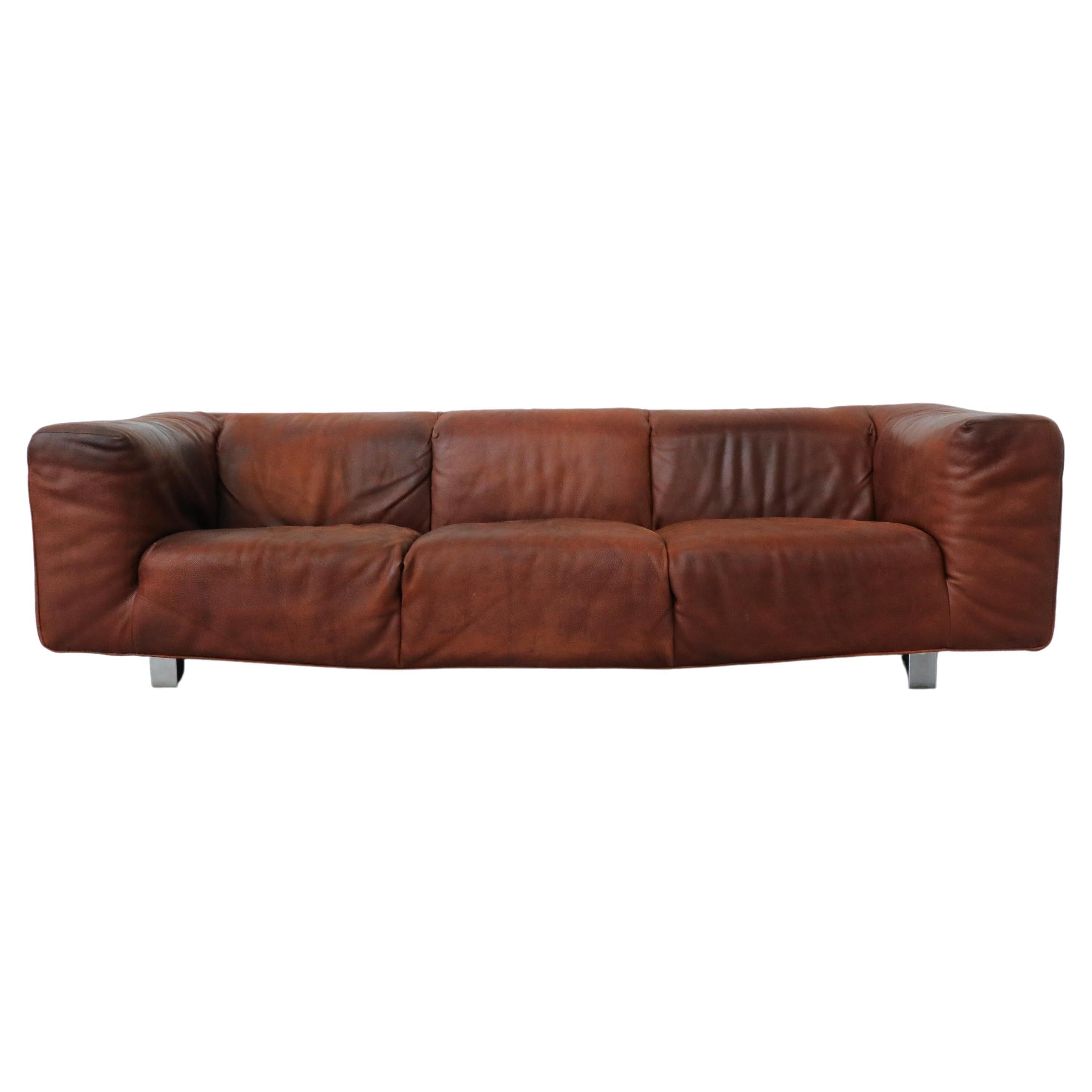 Mid-Century Cognac Leather 'Bommel' Sofa by Gerard Van Den Berg for Label, 1985