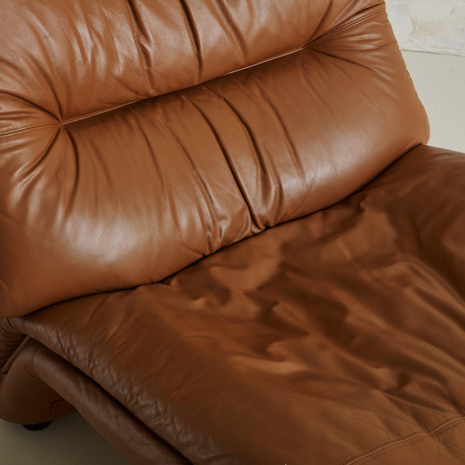 French Mid Century Cognac Leather Chaise Lounge Chair, 1960s