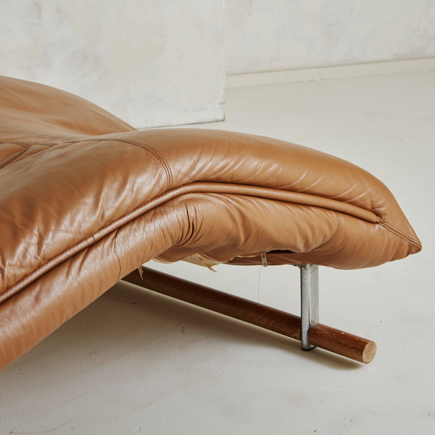 Mid Century Cognac Leather Chaise Lounge Chair, 1960s 2
