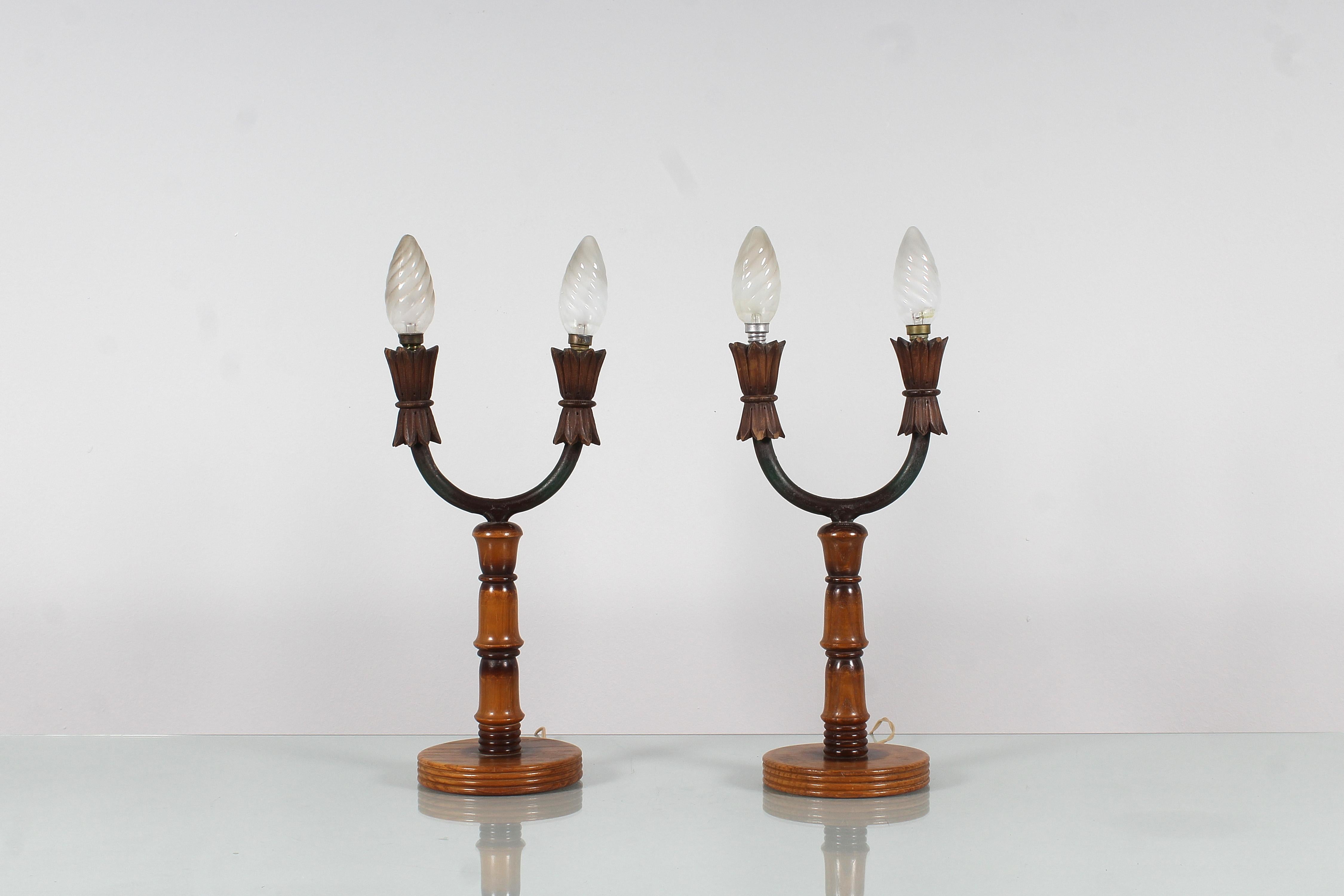 Mid-Century Modern Mid-Century Colli Torino Set 2 Wooden Abat-Jour Table Lamp, Italy 50s For Sale