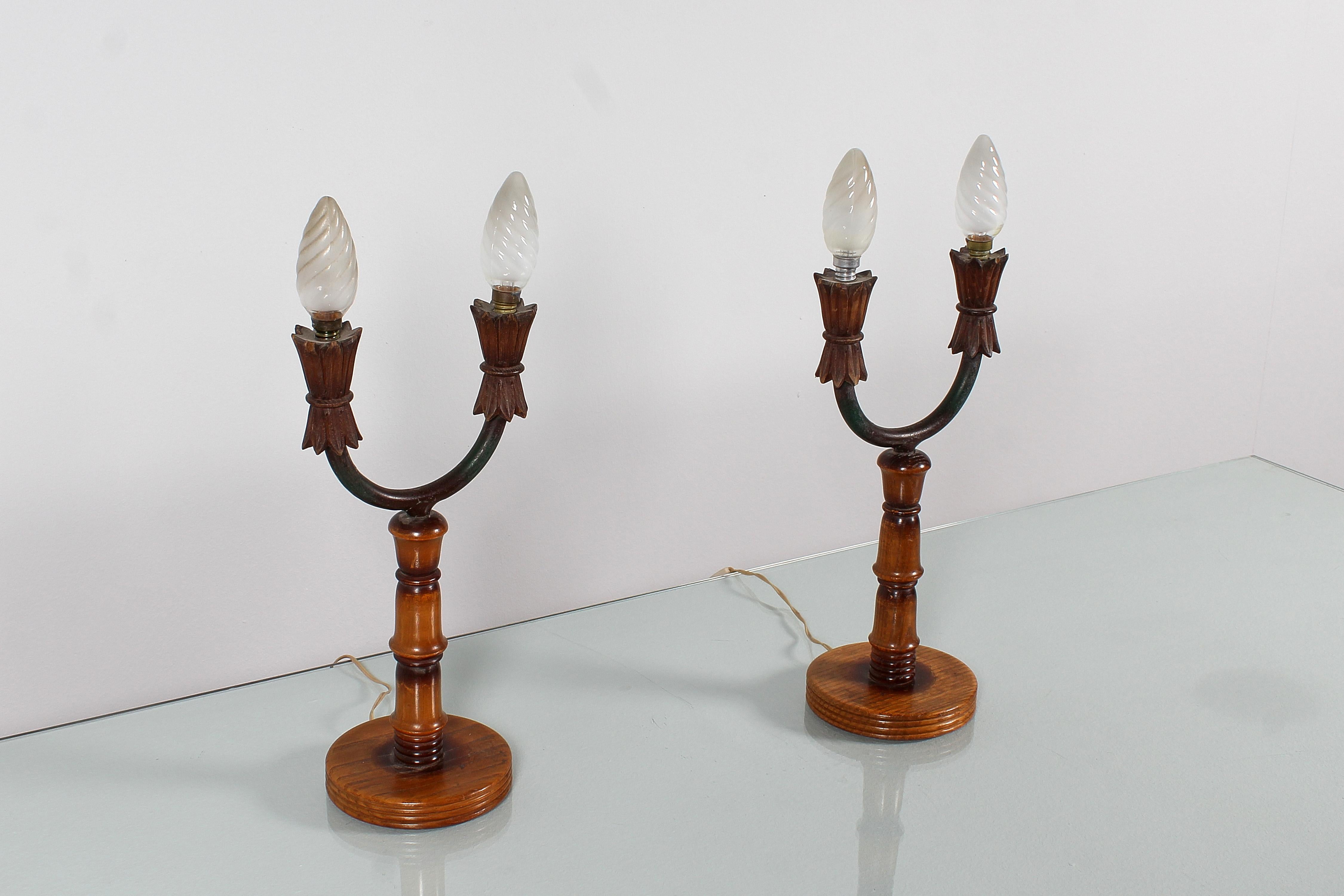Italian Mid-Century Colli Torino Set 2 Wooden Abat-Jour Table Lamp, Italy 50s For Sale