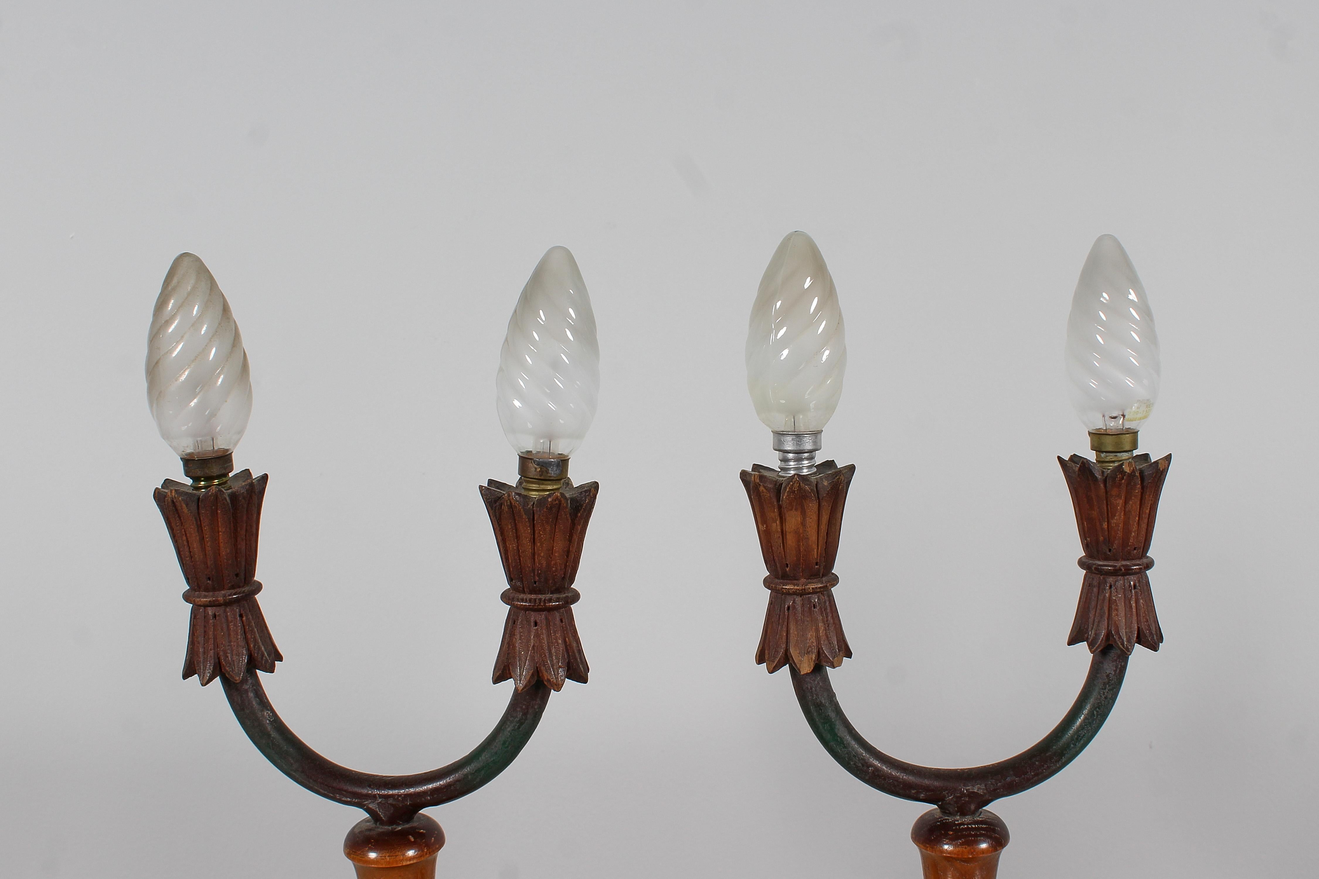 Mid-20th Century Mid-Century Colli Torino Set 2 Wooden Abat-Jour Table Lamp, Italy 50s For Sale