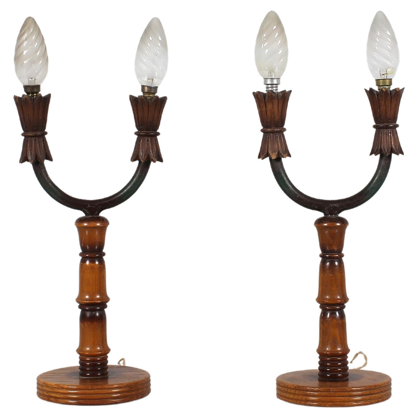 Mid-Century Colli Torino Set 2 Wooden Abat-Jour Table Lamp, Italy 50s