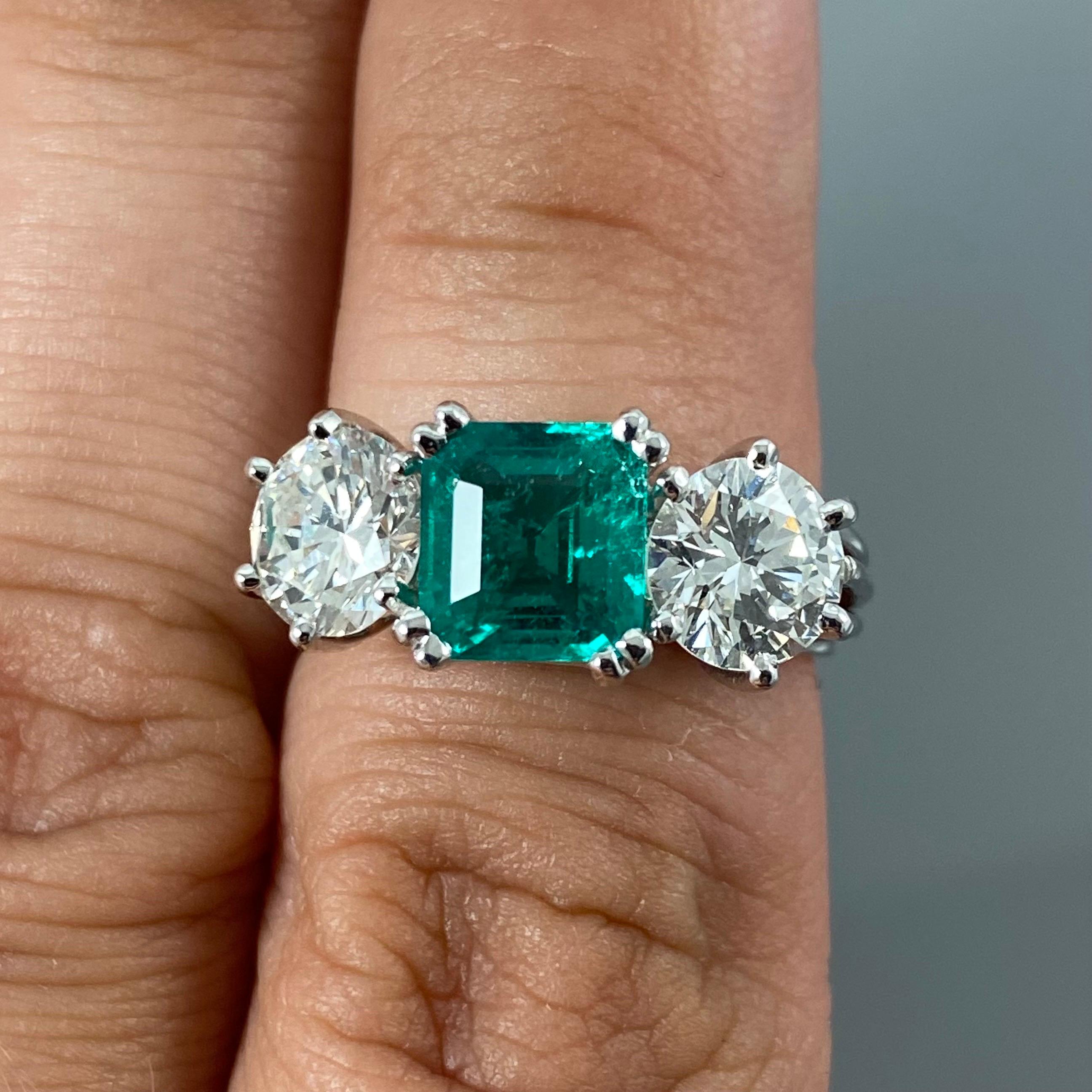 Mid-Century Colombian Emerald Diamond Three Stone Engagement Ring Platinum 1950s 6