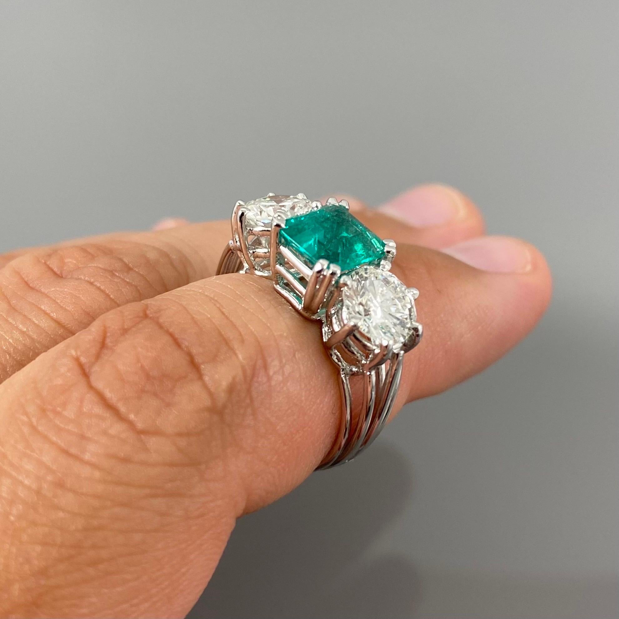 Mid-Century Colombian Emerald Diamond Three Stone Engagement Ring Platinum 1950s 8