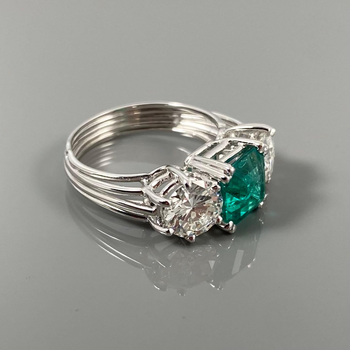 Mid-Century Colombian Emerald Diamond Three Stone Engagement Ring Platinum 1950s 11