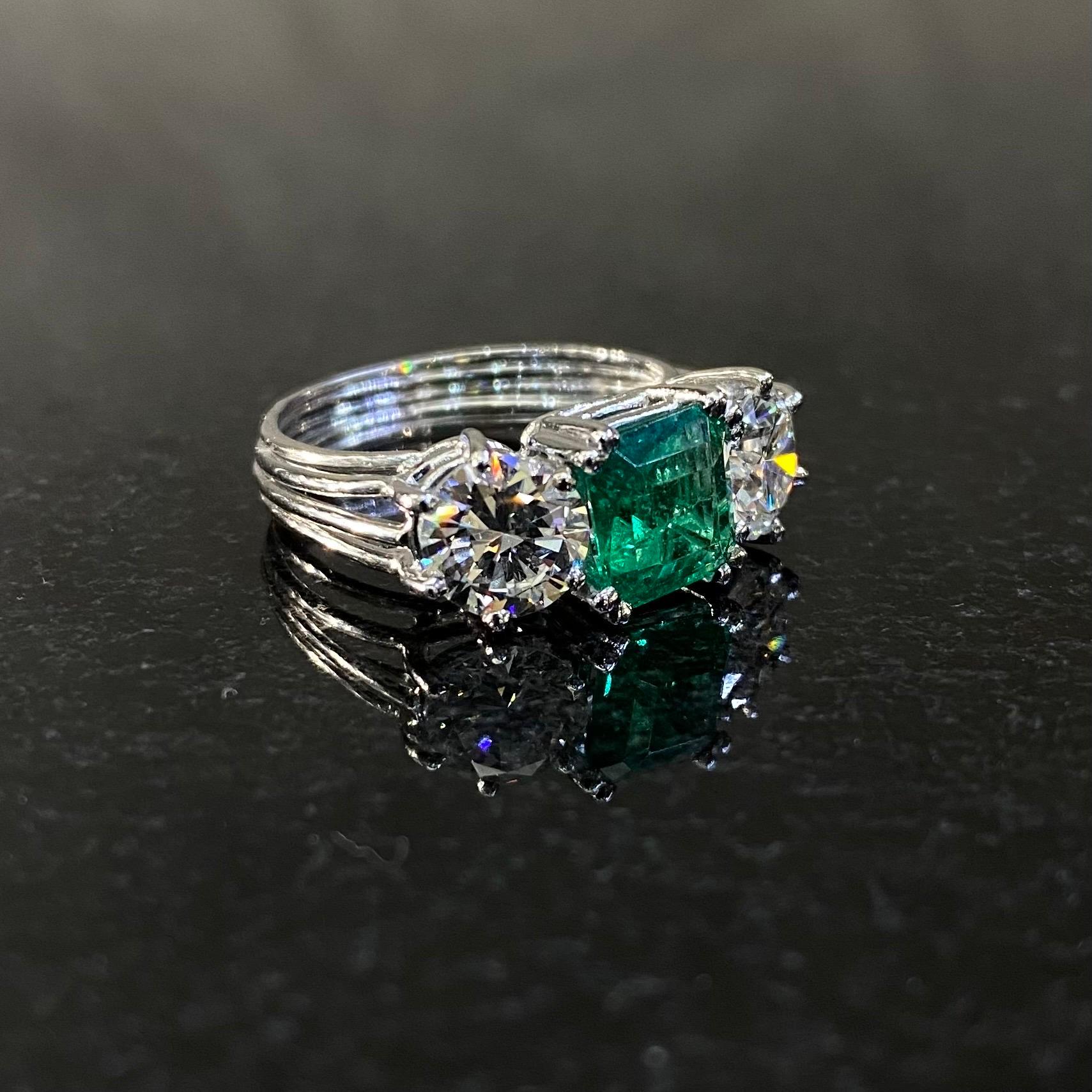 Mid-Century Colombian Emerald Diamond Three Stone Engagement Ring Platinum 1950s 13