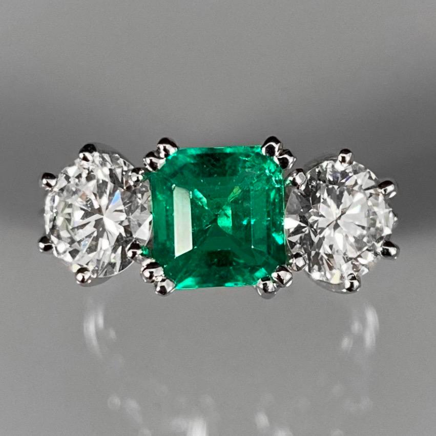 Emerald Cut Mid-Century Colombian Emerald Diamond Three Stone Engagement Ring Platinum 1950s
