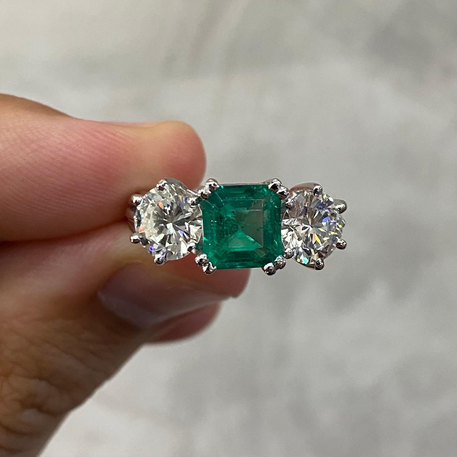 Women's or Men's Mid-Century Colombian Emerald Diamond Three Stone Engagement Ring Platinum 1950s