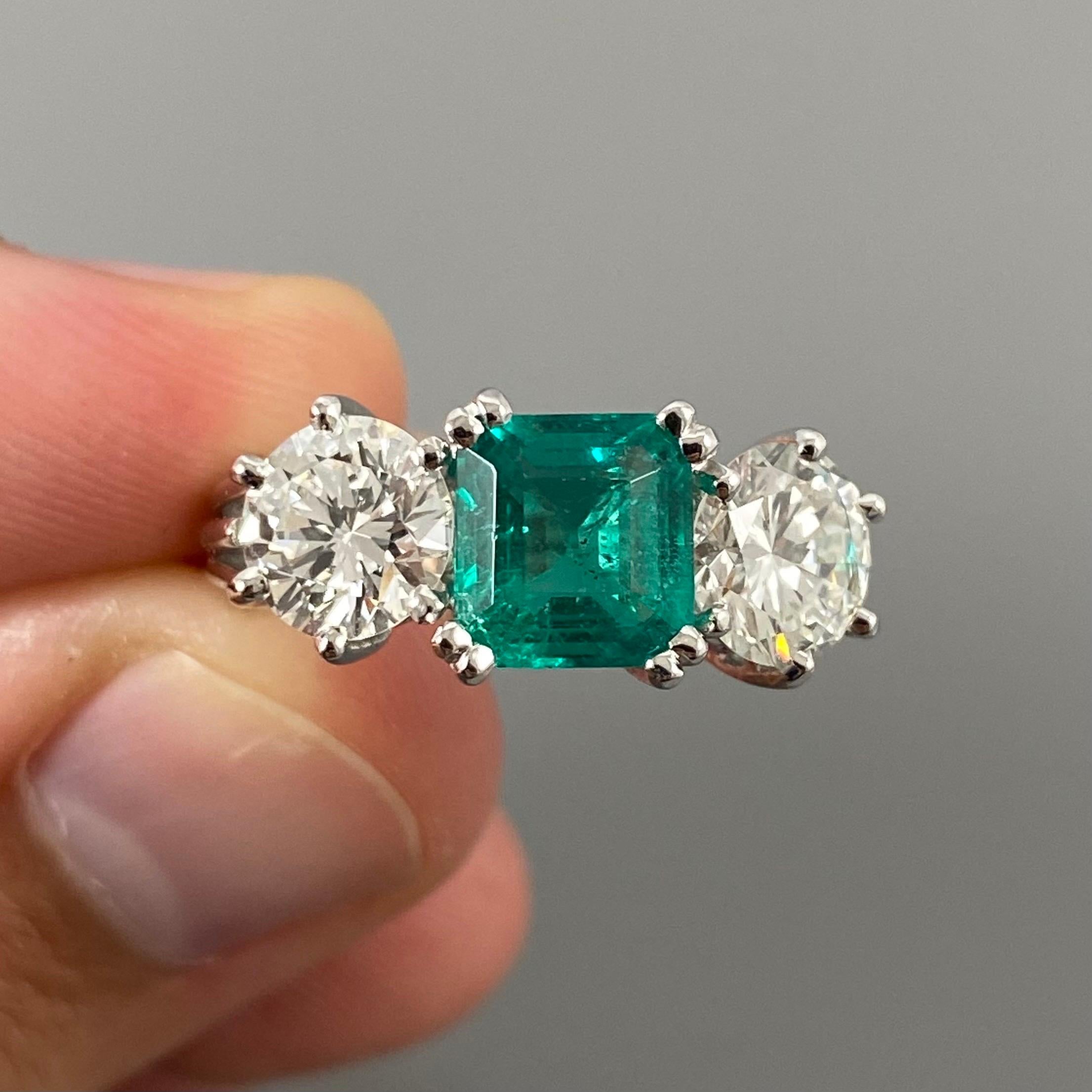 Mid-Century Colombian Emerald Diamond Three Stone Engagement Ring Platinum 1950s 1
