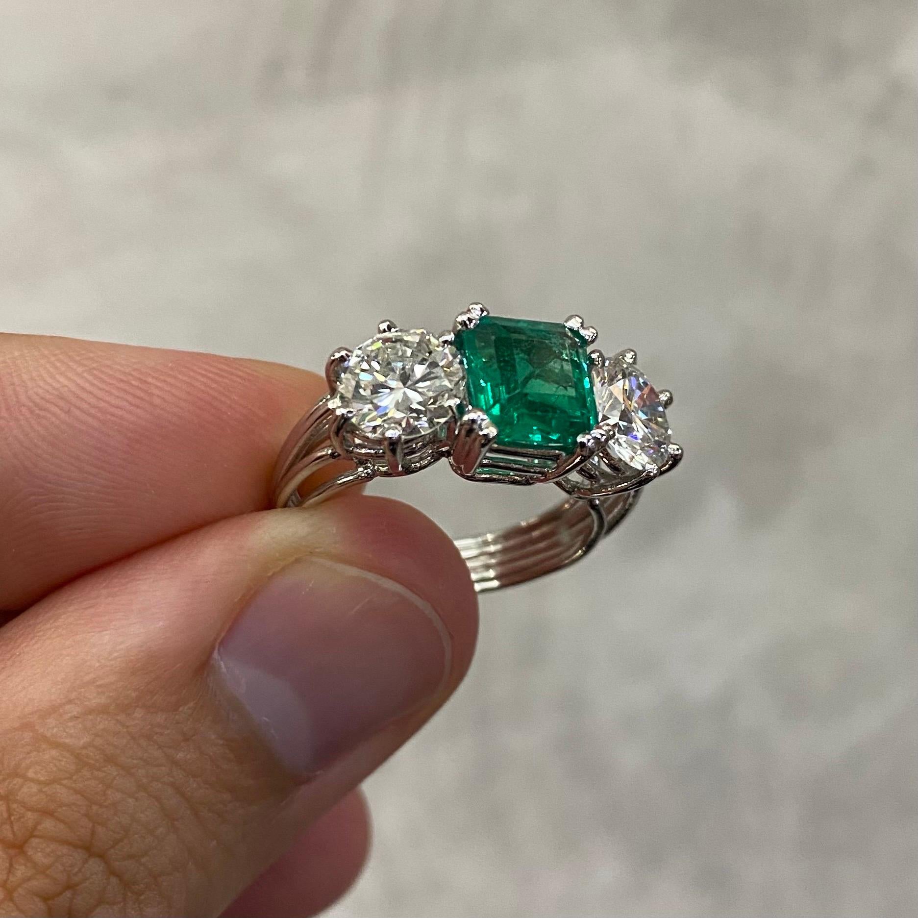 Mid-Century Colombian Emerald Diamond Three Stone Engagement Ring Platinum 1950s 2
