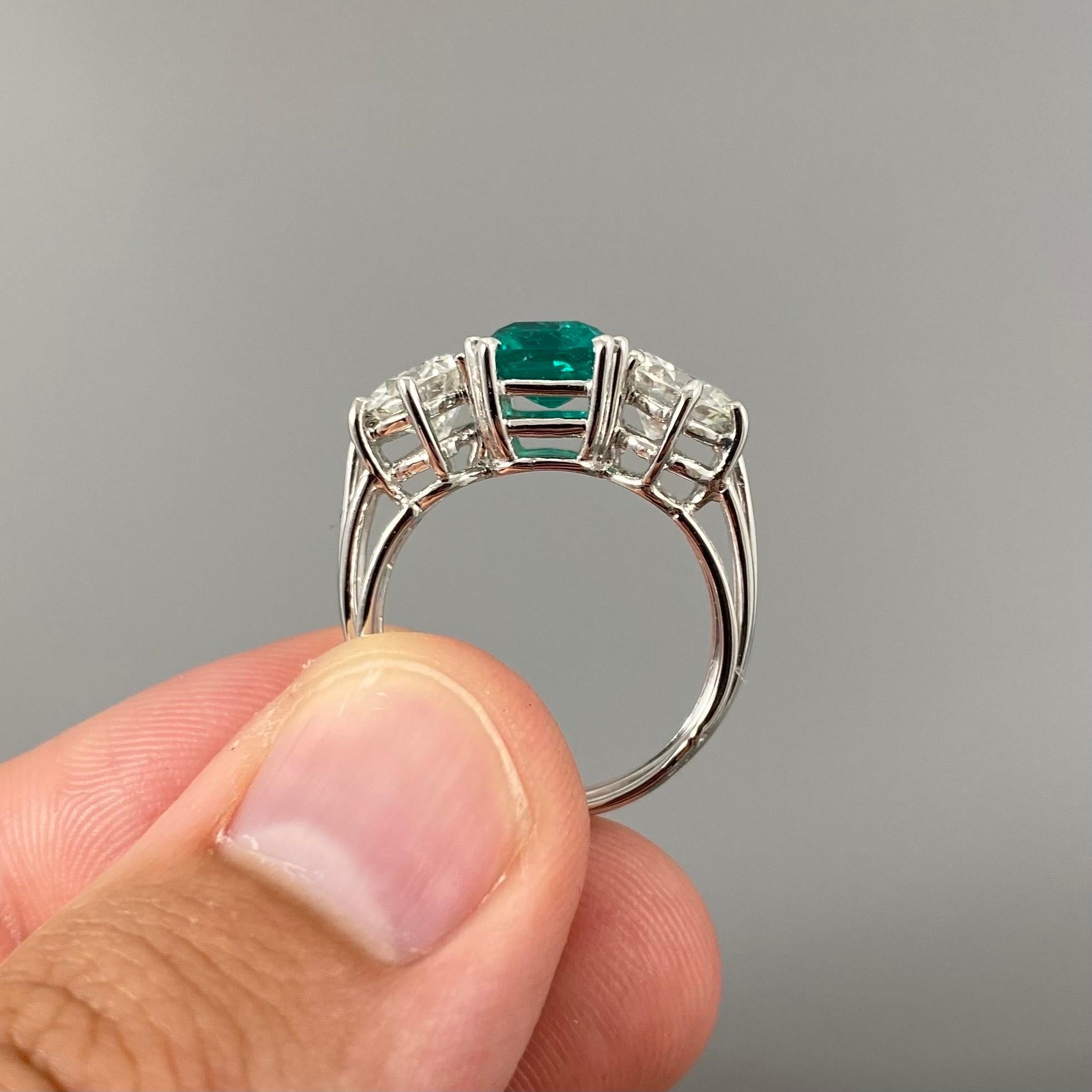 Mid-Century Colombian Emerald Diamond Three Stone Engagement Ring Platinum 1950s 3