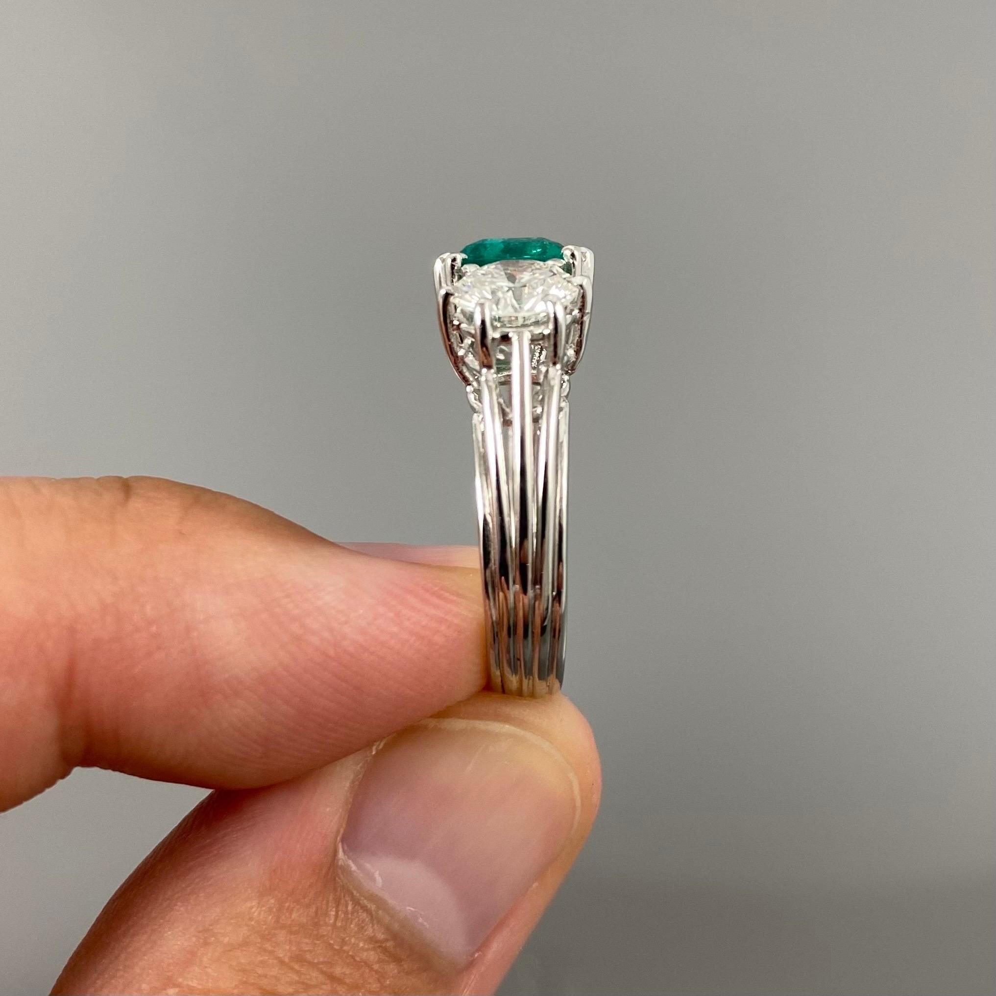 Mid-Century Colombian Emerald Diamond Three Stone Engagement Ring Platinum 1950s 4