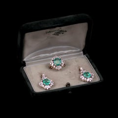 Mid-Century Colombian Emerald Diamonds Ring Earrings Set Demi-Parure 1950s-1960s