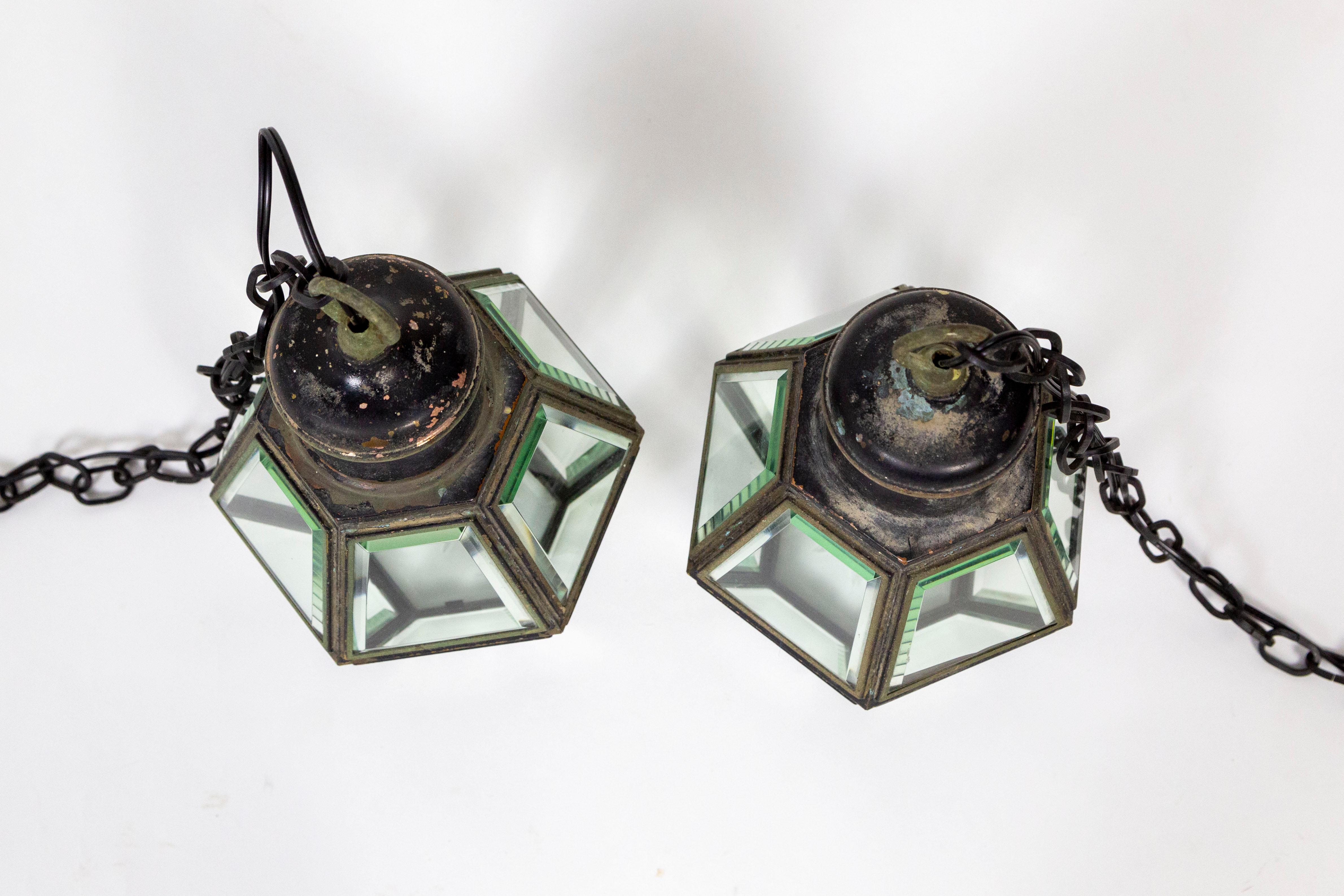 Glass Midcentury Colonial Revival Bevelled Hexagon Lanterns ‘Pair’