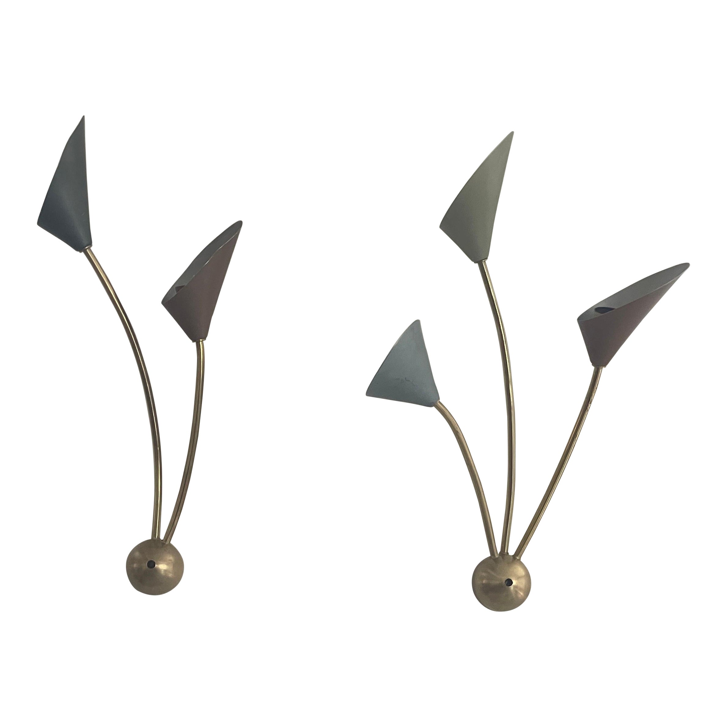 Pareja de coloridos candelabros Sputnik de 2 y 3 brazos de mediados de siglo, años 50, Alemania