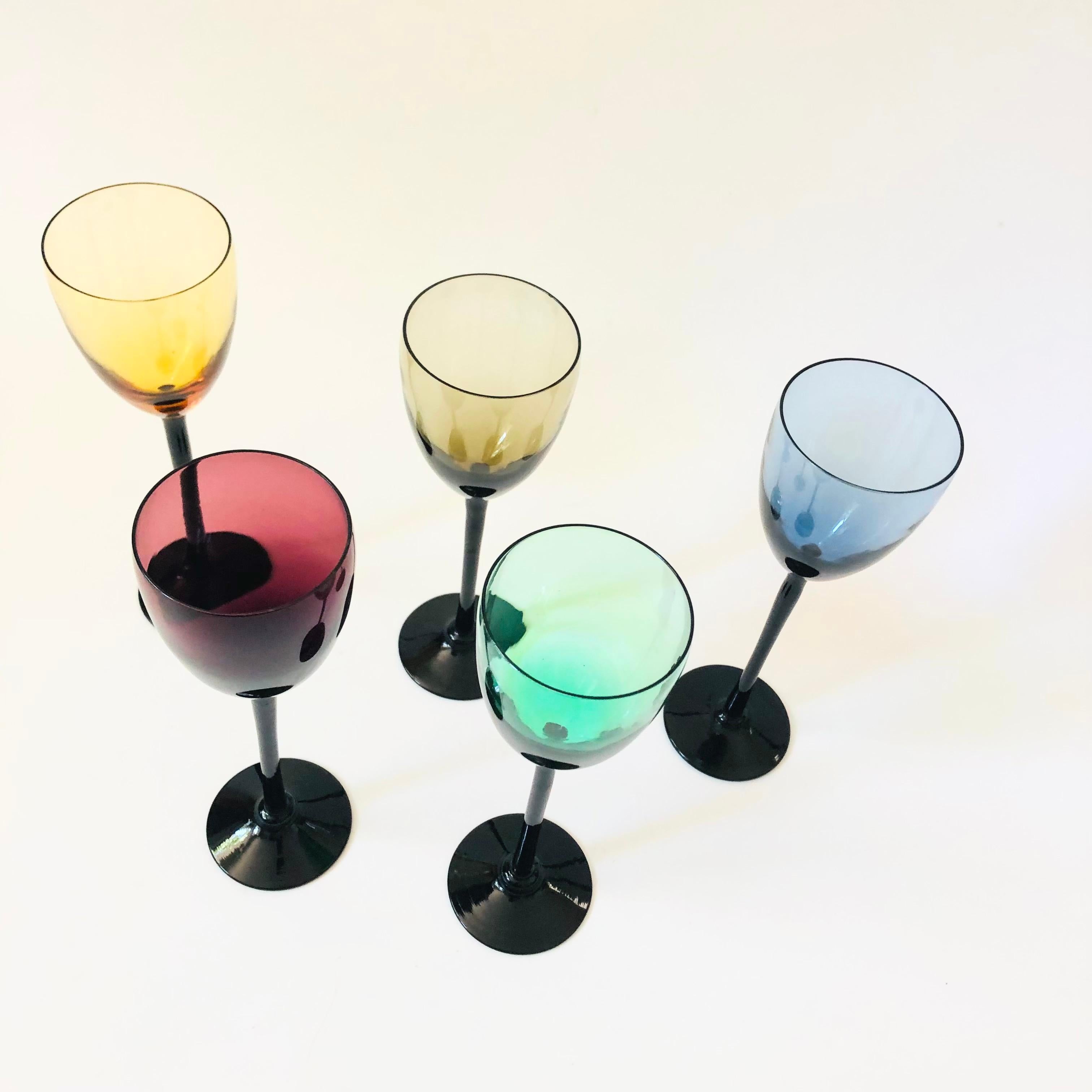 Mid-Century Modern Mid Century Colorful Black Stem Cordial Glasses - Set of 5 For Sale
