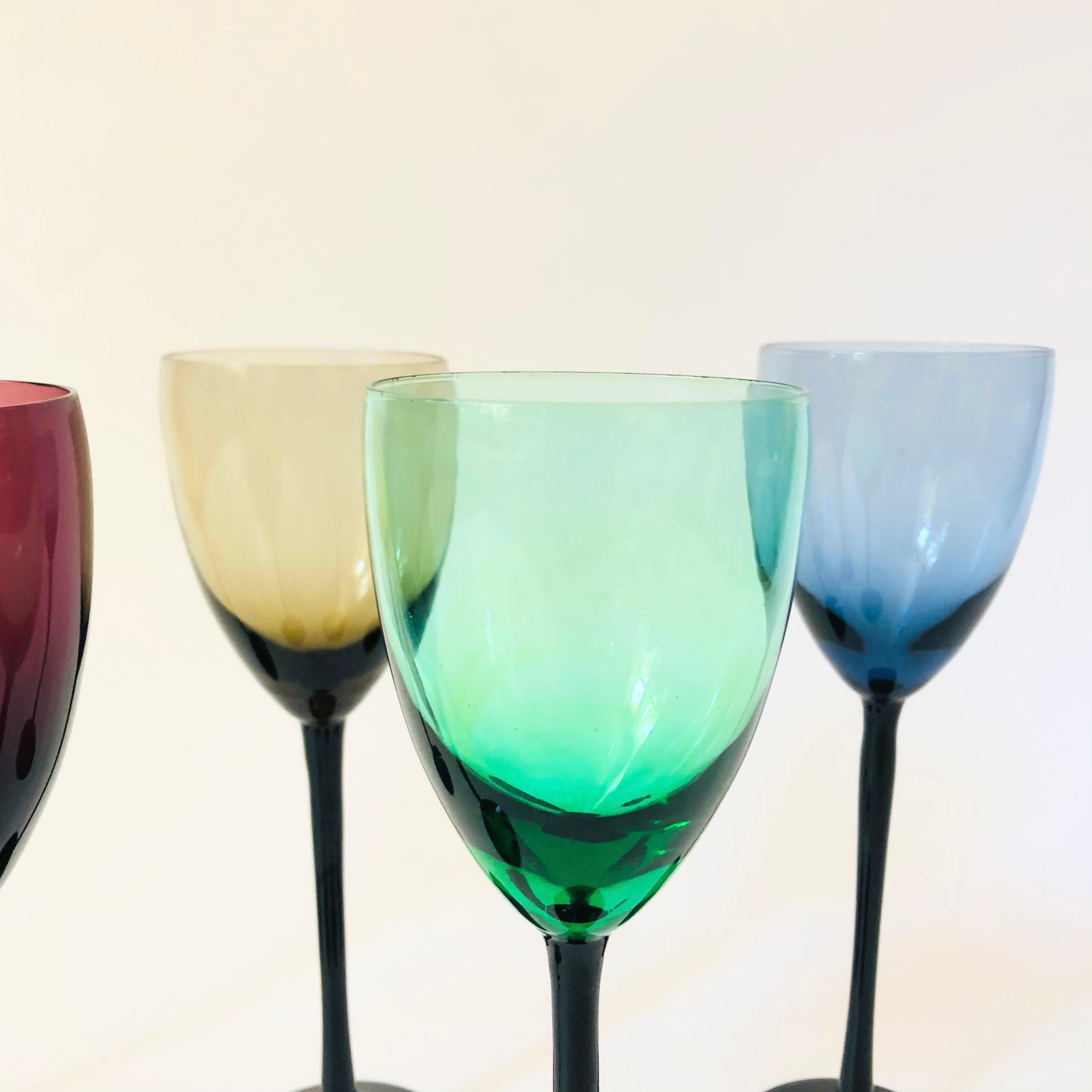 Mid Century Colorful Black Stem Cordial Glasses - Set of 5 In Good Condition For Sale In Fairfield, CA