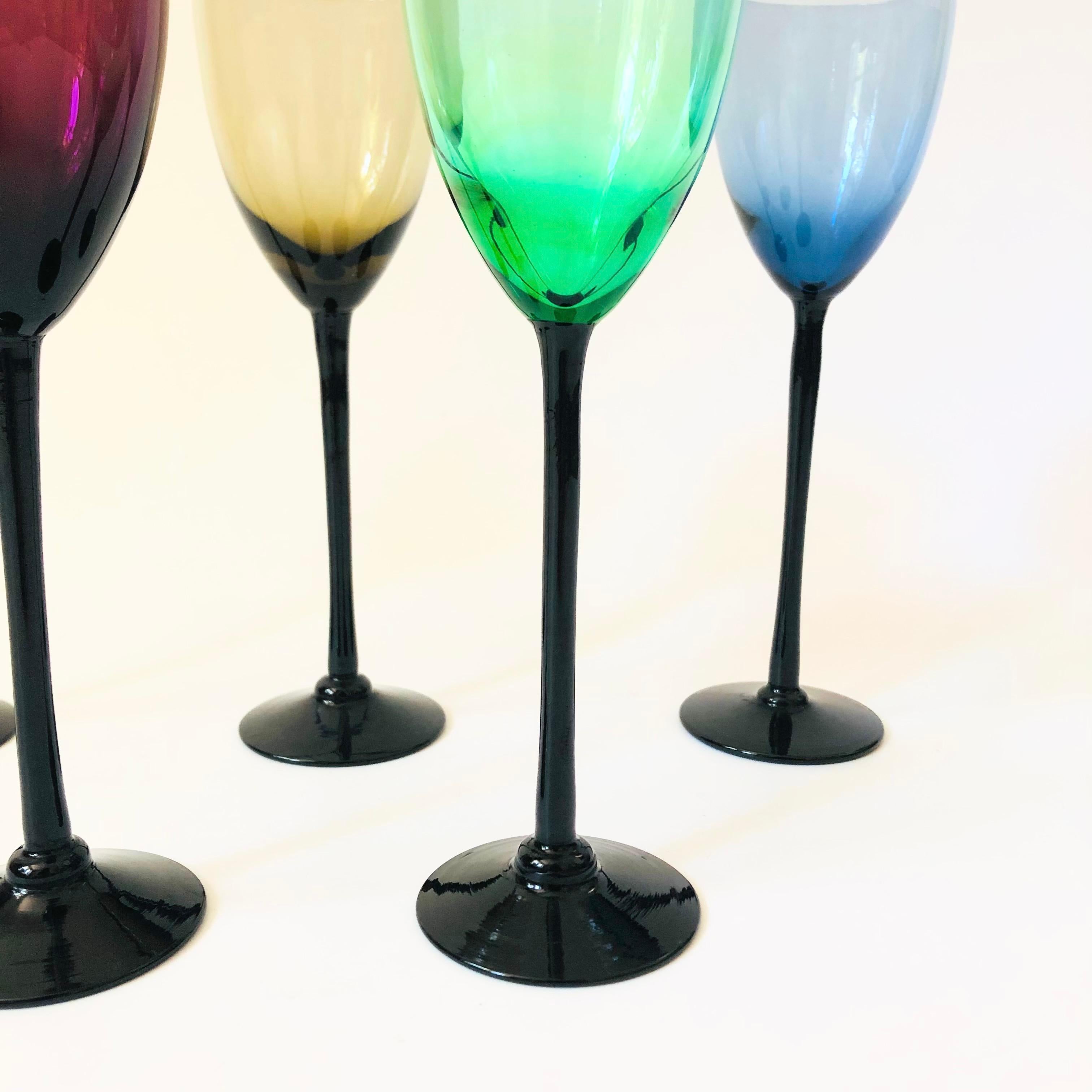 20th Century Mid Century Colorful Black Stem Cordial Glasses - Set of 5 For Sale