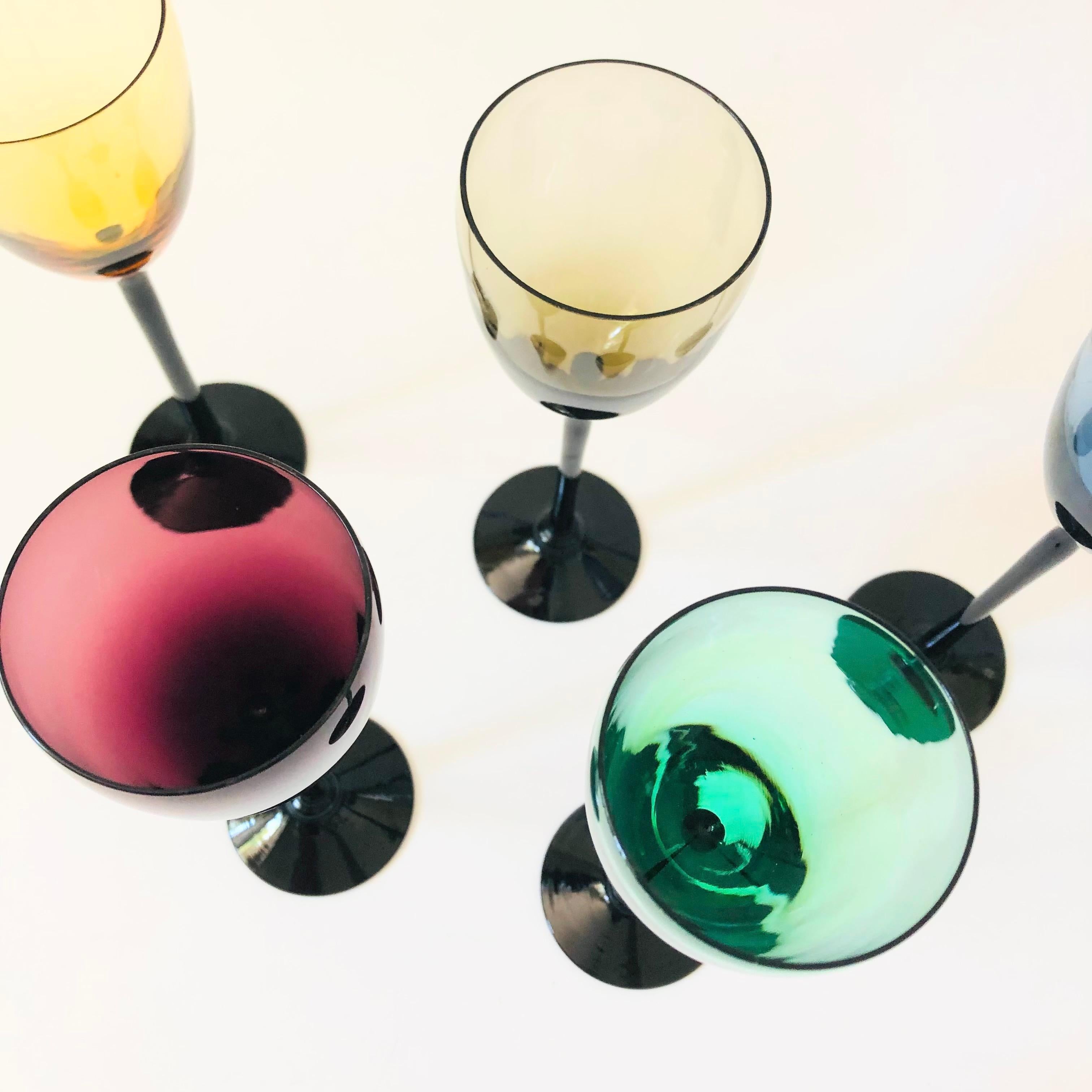 Mid Century Colorful Black Stem Cordial Glasses - Set of 5 For Sale 1