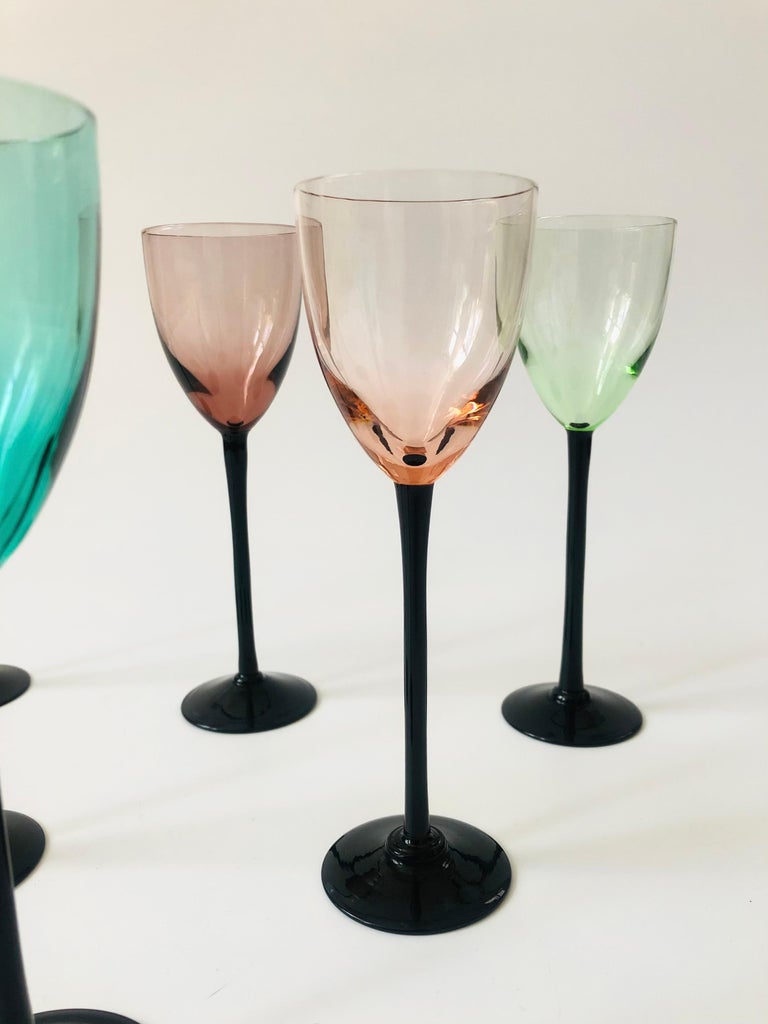MidCentury Colorful Black Stem Cordial Glasses, Set of 6 For Sale at
