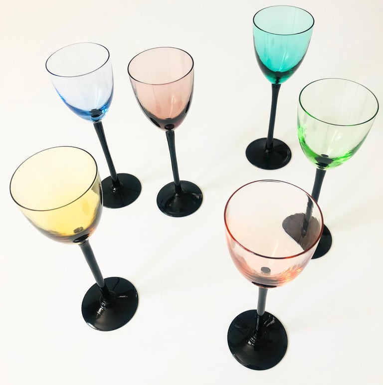 MidCentury Colorful Black Stem Cordial Glasses, Set of 6 For Sale at