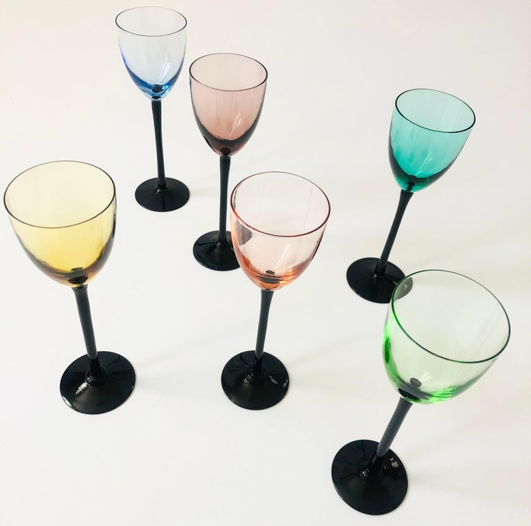 MidCentury Colorful Black Stem Cordial Glasses, Set of 6 For Sale at