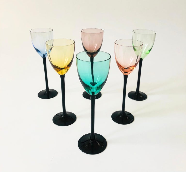 MidCentury Colorful Black Stem Cordial Glasses, Set of 6 For Sale at