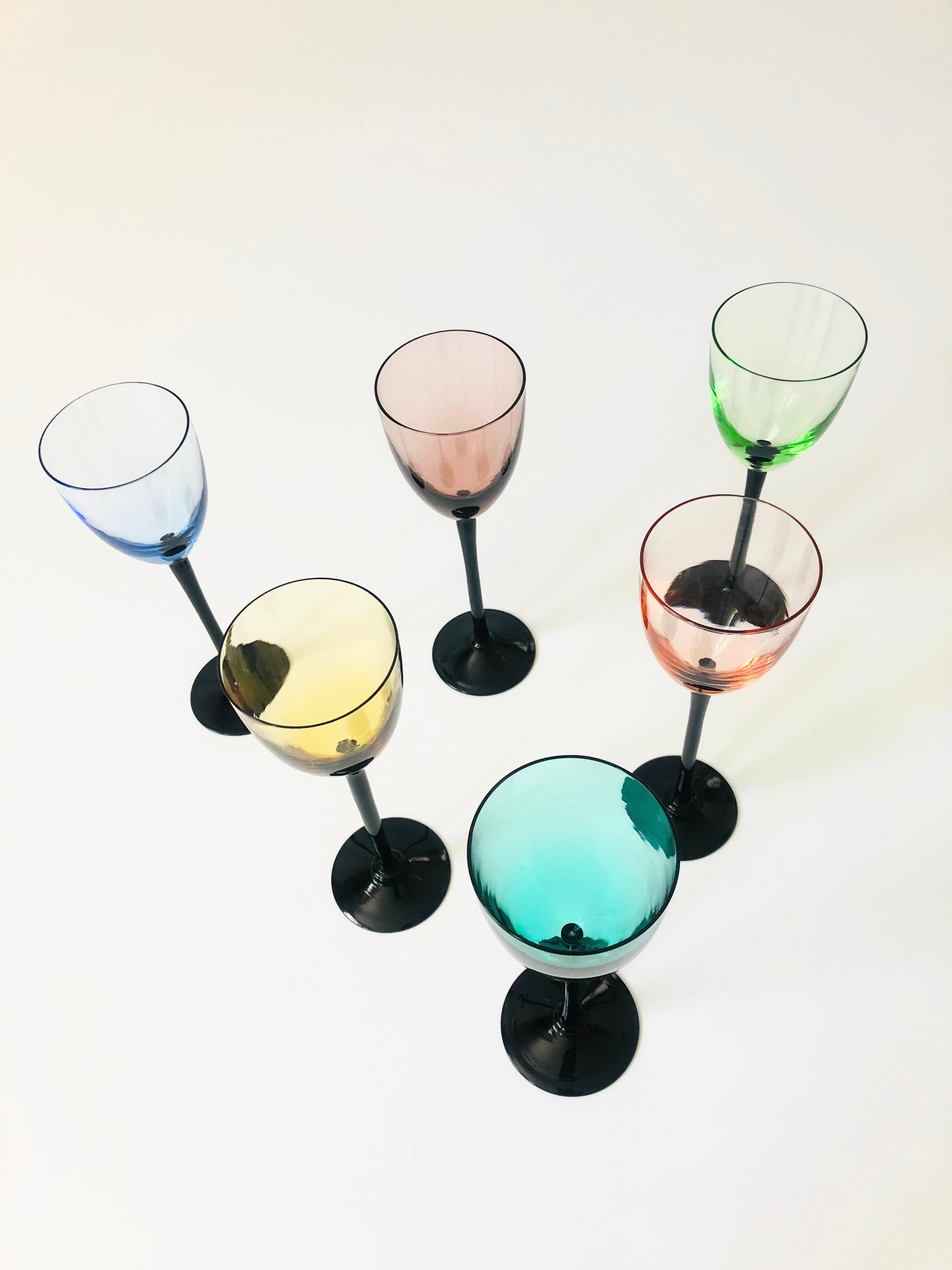 Mid-Century Modern Mid-Century Colorful Black Stem Cordial Glasses, Set of 6