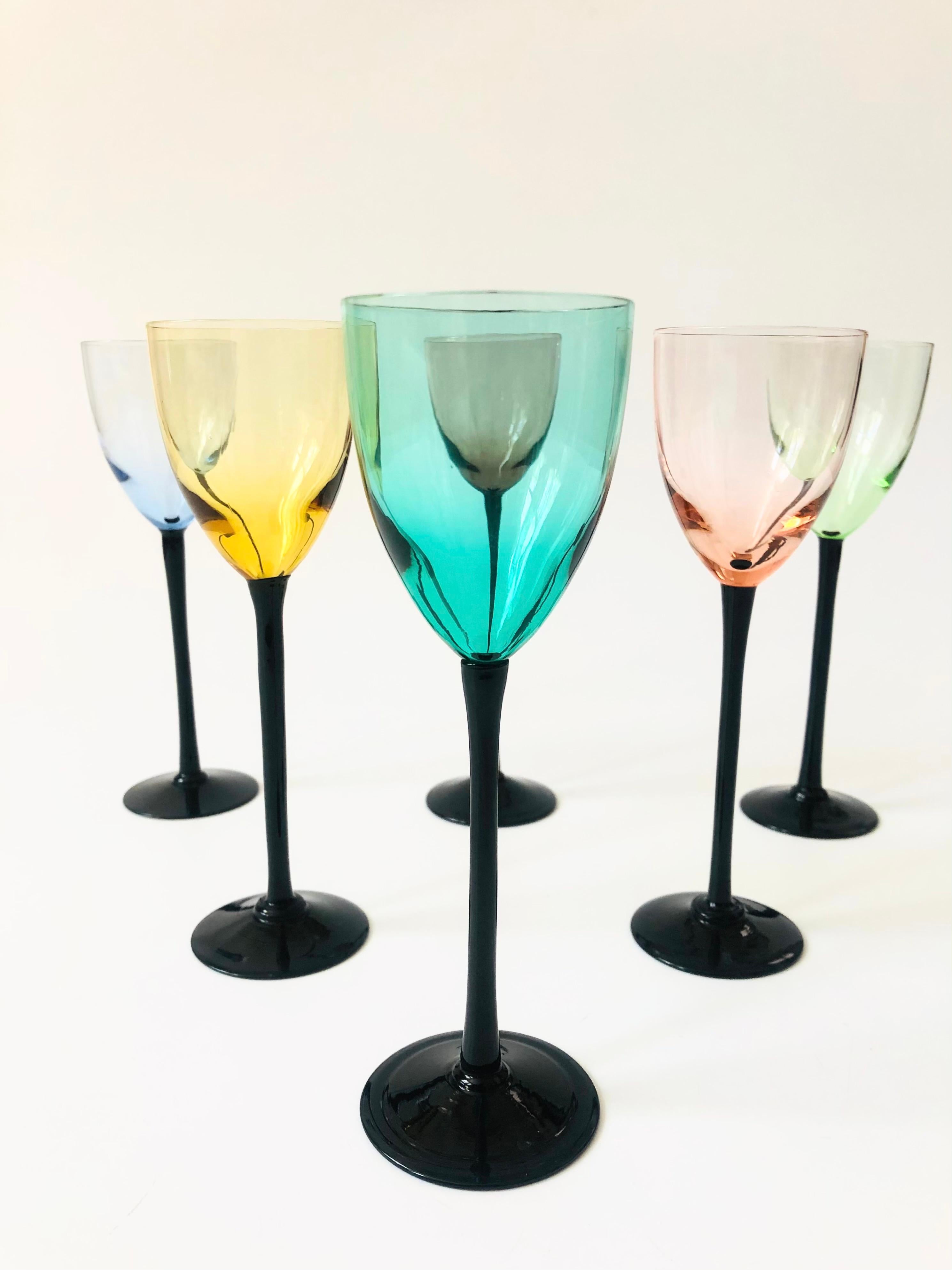 Mid-Century Colorful Black Stem Cordial Glasses, Set of 6 In Good Condition In Vallejo, CA