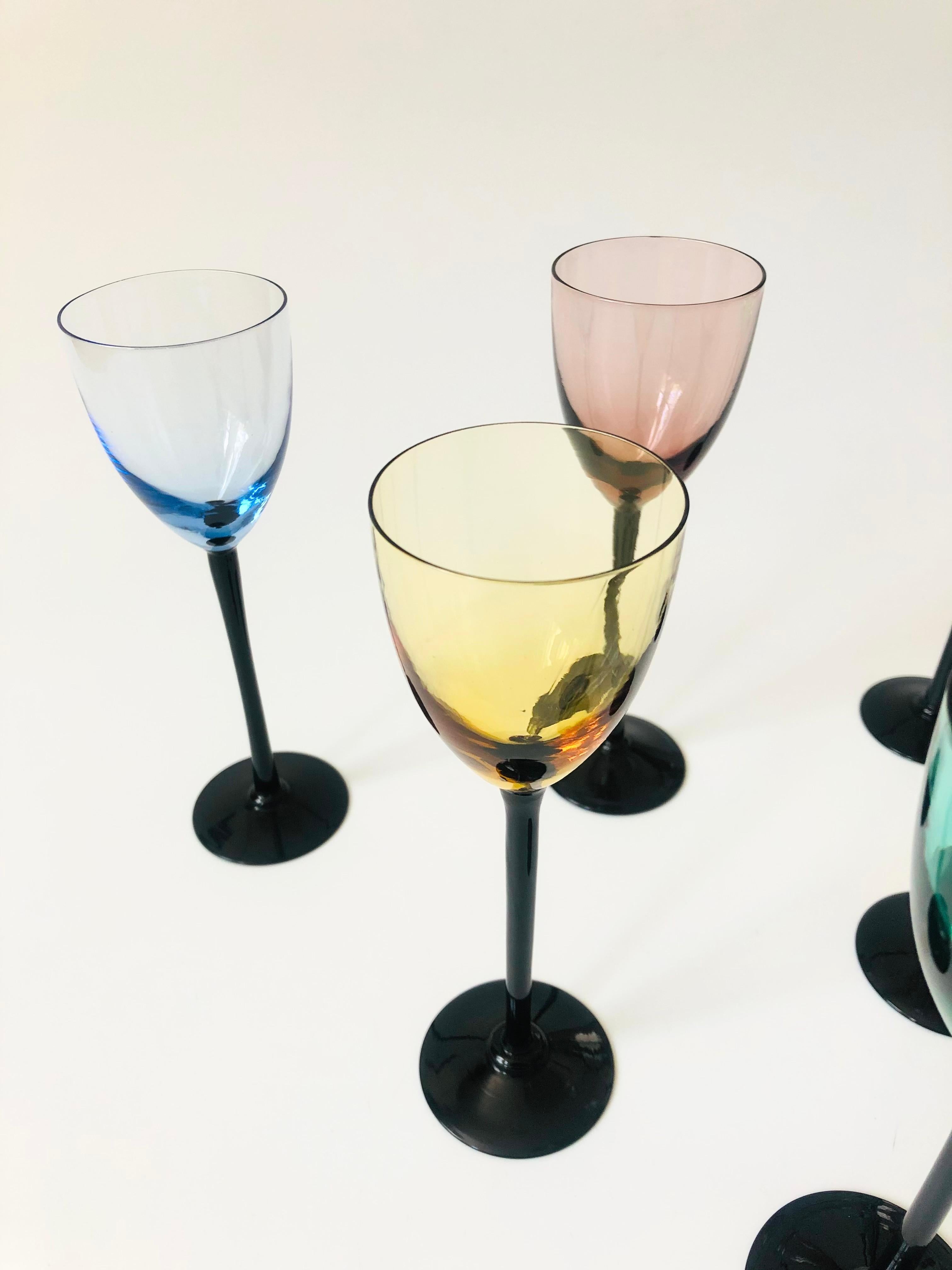 20th Century Mid-Century Colorful Black Stem Cordial Glasses, Set of 6