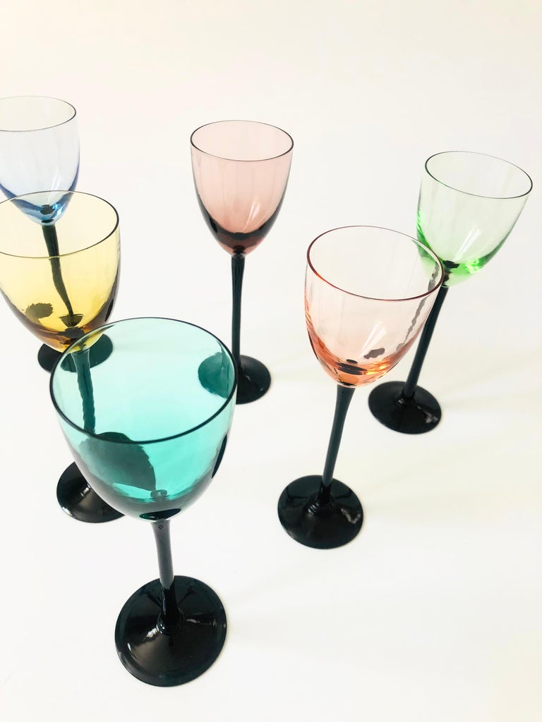 MidCentury Colorful Black Stem Cordial Glasses, Set of 6 For Sale at