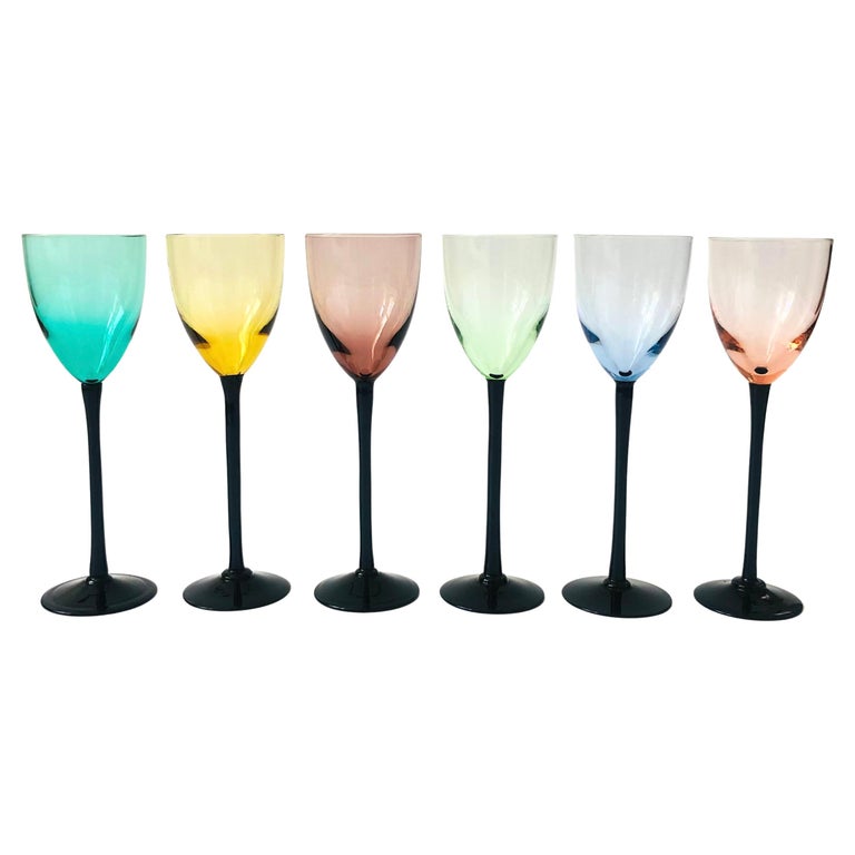 MidCentury Colorful Black Stem Cordial Glasses, Set of 6 For Sale at