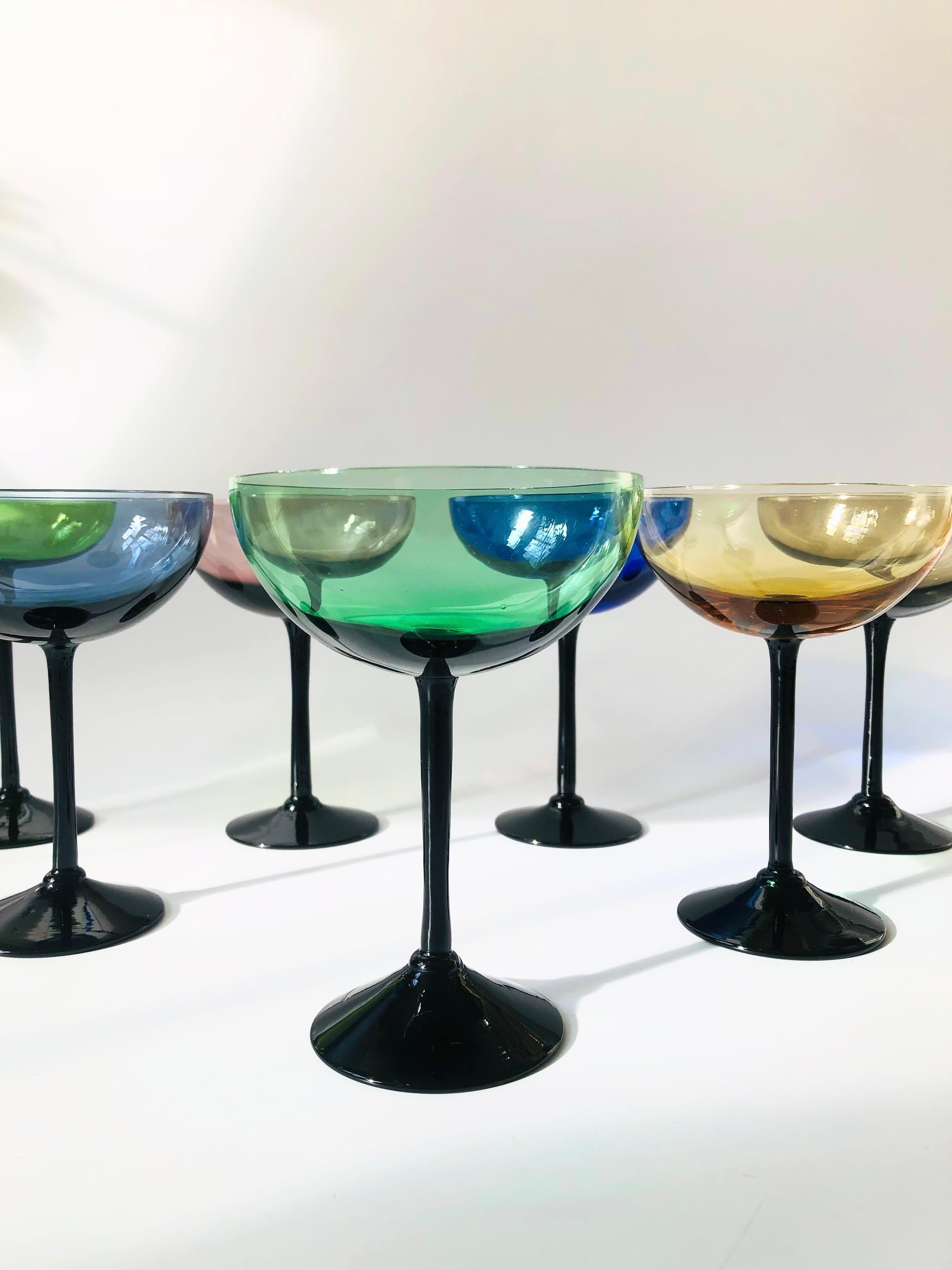 Midcentury Colorful Black Stem Coupe Glasses, Set of 7 In Good Condition In Vallejo, CA