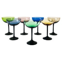 Midcentury Colorful Black Stem Coupe Glasses, Set of 7