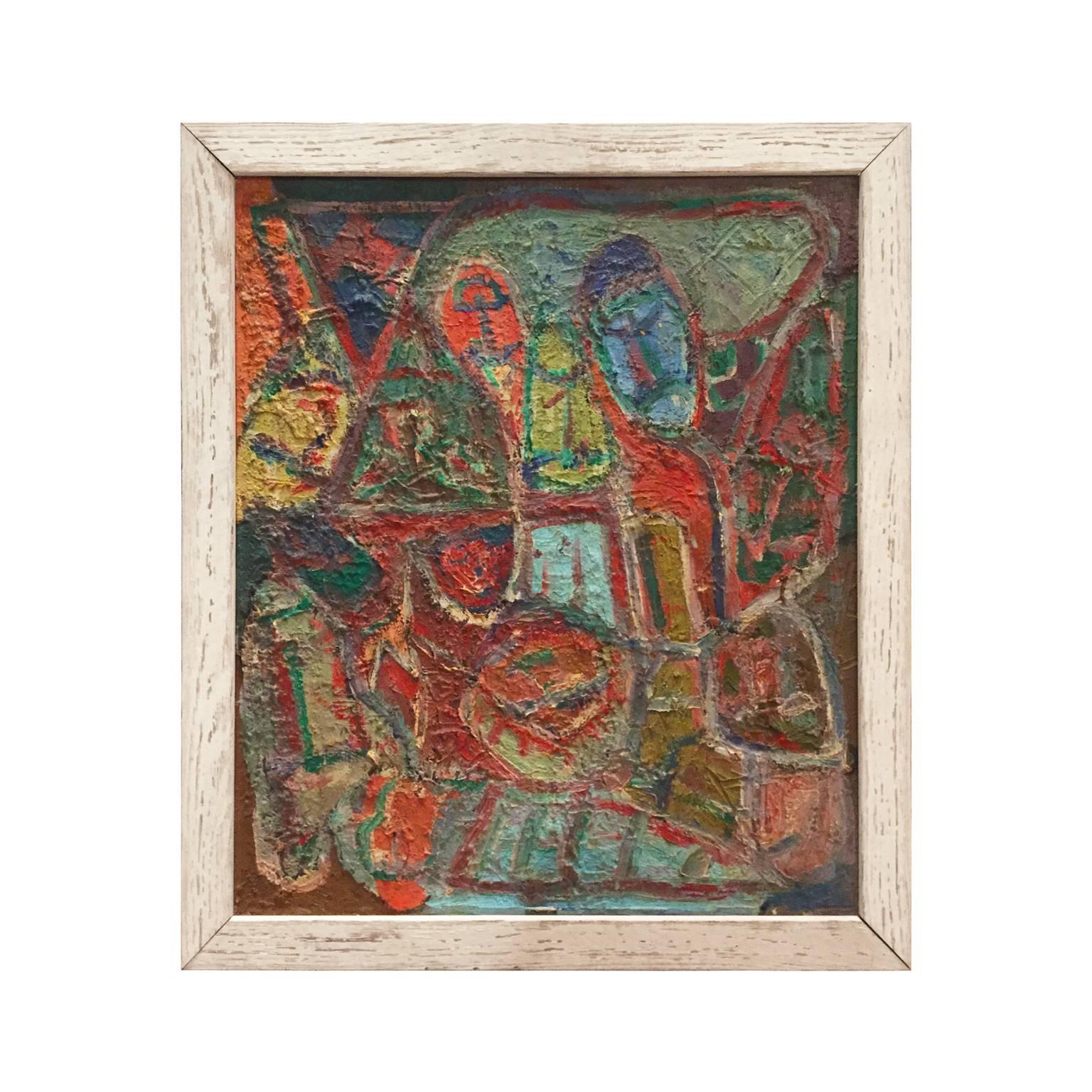 Mid-Century Colorful Figurative Abstract Painting in Reds, Blues and Greens For Sale