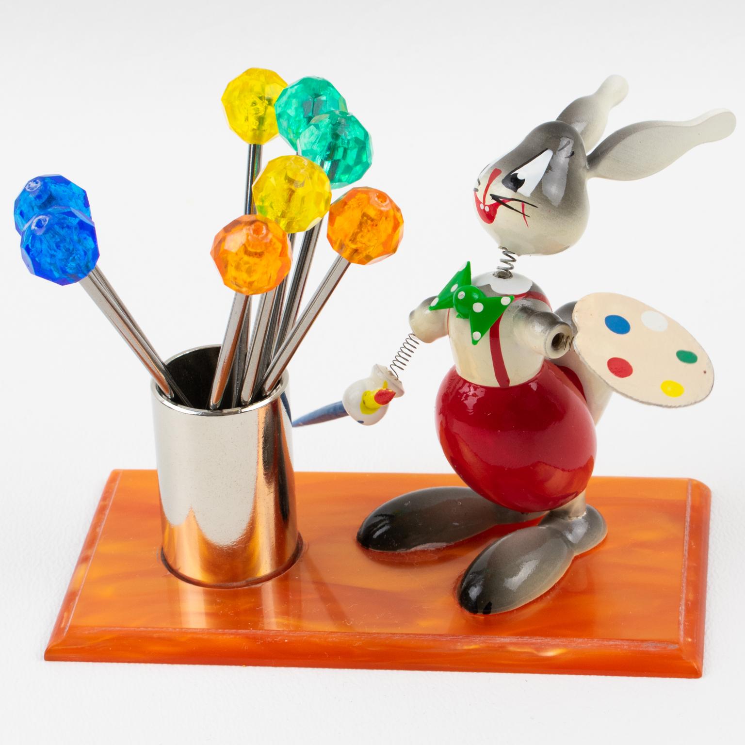 Mid-Century Modern Mid-Century Colorful Lucite and Wood Bunny Painter Cocktail Picks, France 1960s For Sale