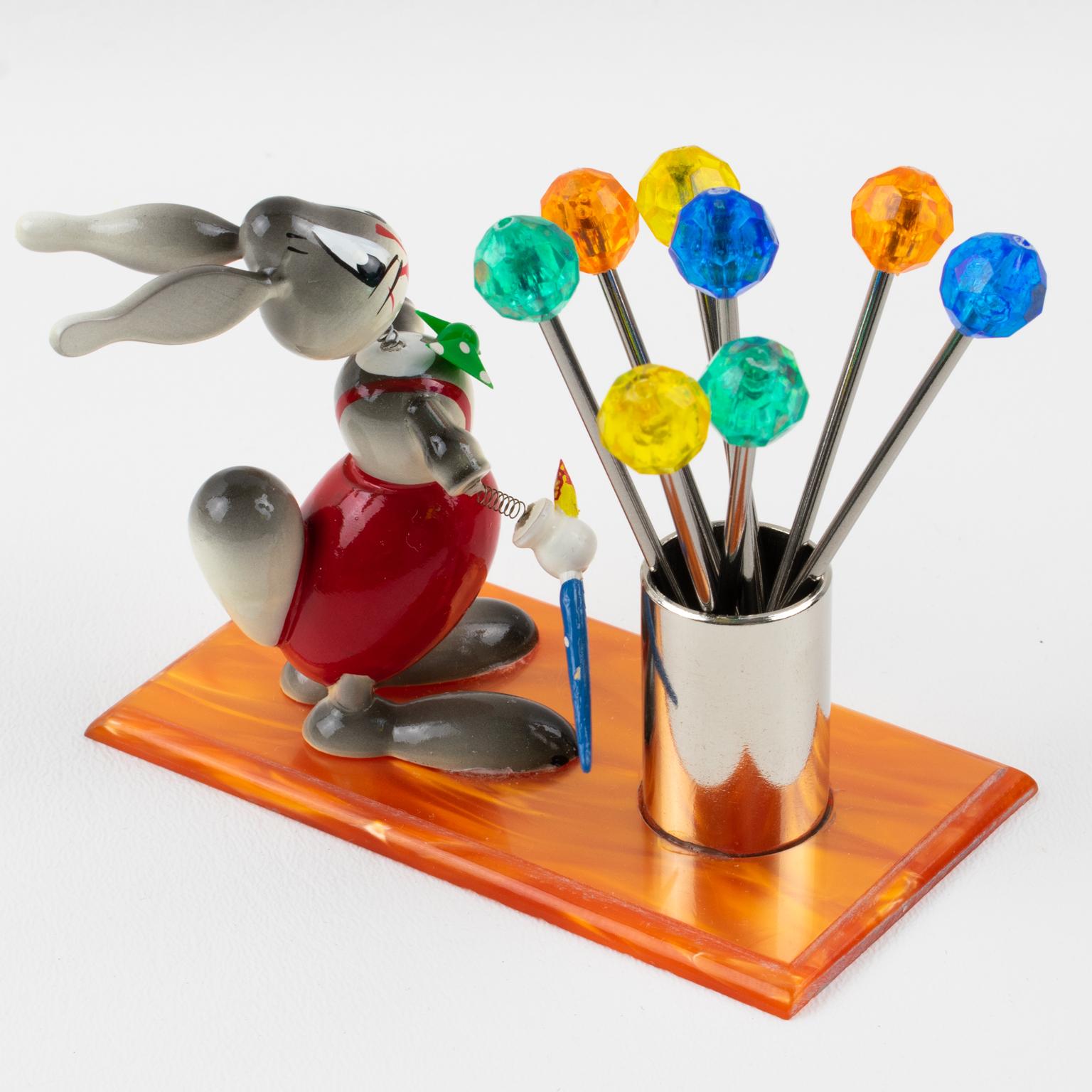 French Mid-Century Colorful Lucite and Wood Bunny Painter Cocktail Picks, France 1960s For Sale