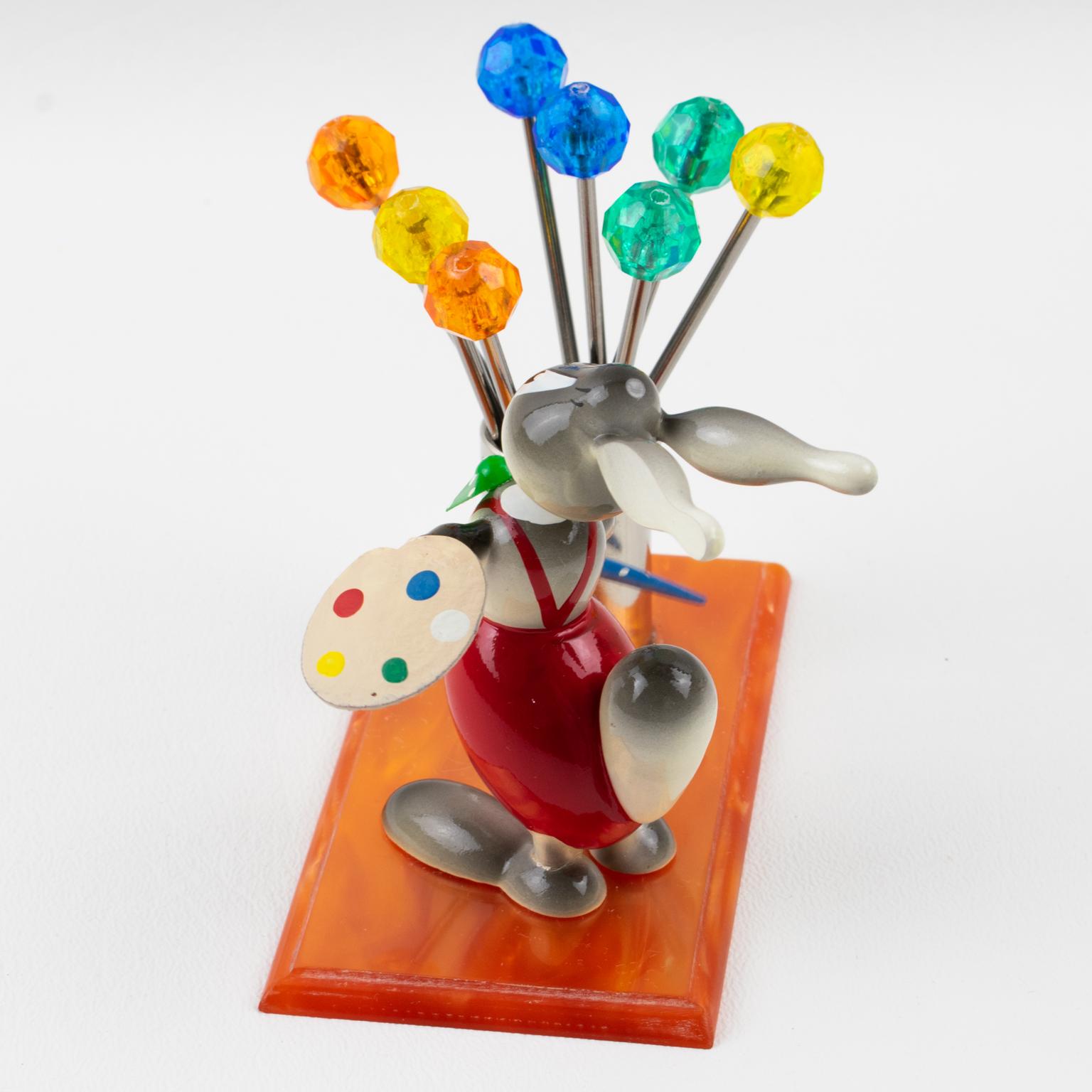 Mid-Century Colorful Lucite and Wood Bunny Painter Cocktail Picks, France 1960s In Good Condition For Sale In Atlanta, GA
