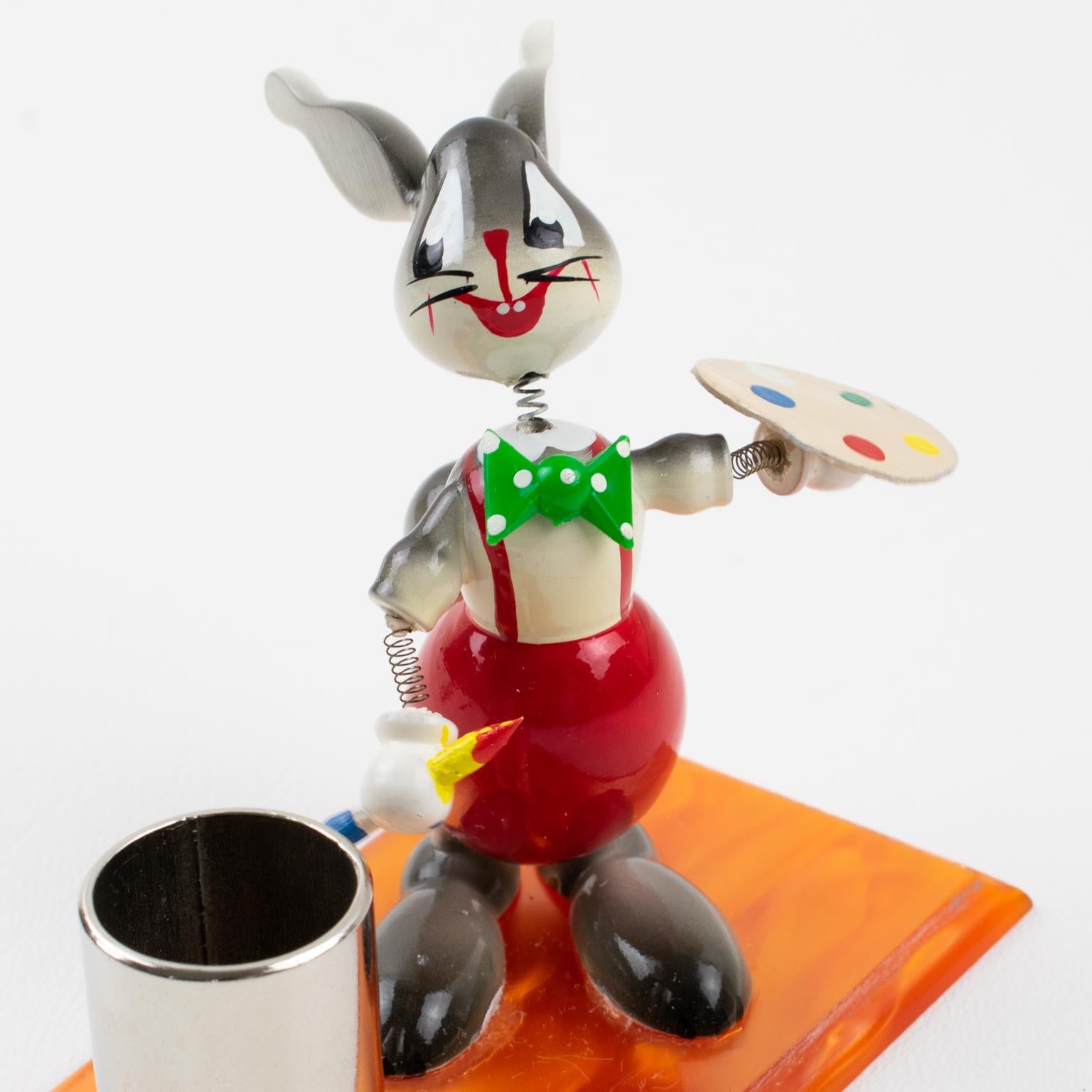 Metal Mid-Century Colorful Lucite and Wood Bunny Painter Cocktail Picks, France 1960s For Sale