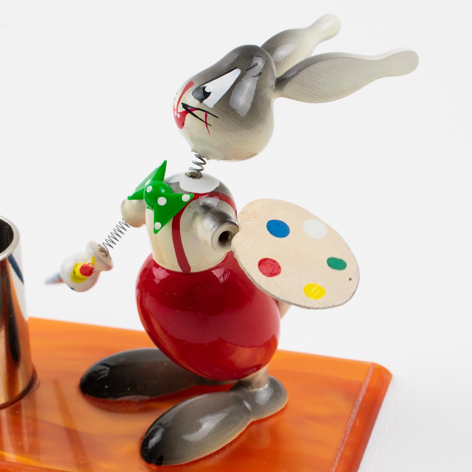 Mid-Century Colorful Lucite and Wood Bunny Painter Cocktail Picks, France 1960s For Sale 1