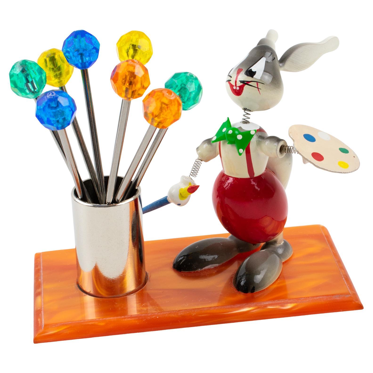 Mid-Century Colorful Lucite and Wood Bunny Painter Cocktail Picks, France 1960s
