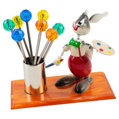 Vintage Mid-Century Colorful Lucite and Wood Bunny Painter Cocktail Picks, France 1960s