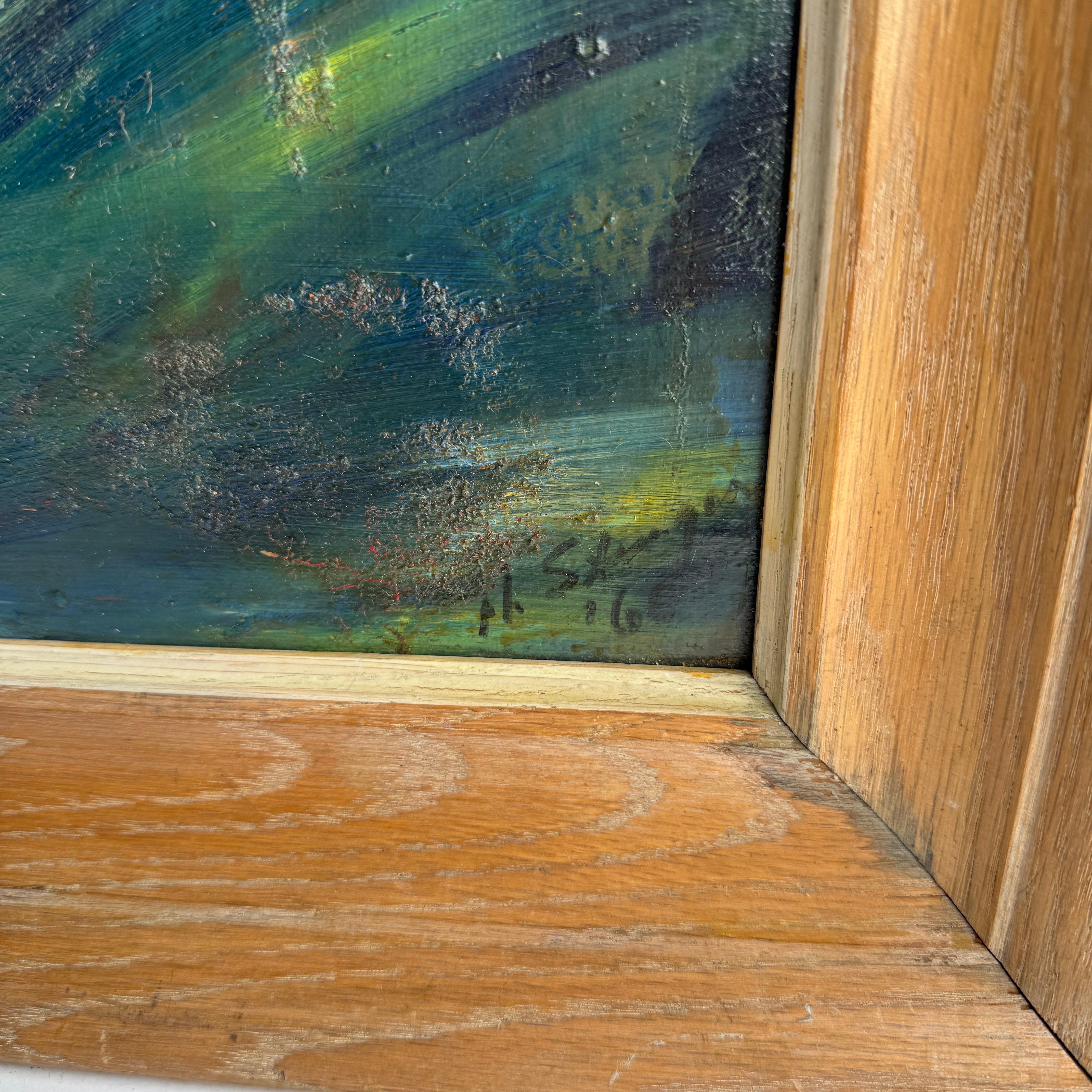 Buntes Ölgemälde auf Karton, signiertes Kunstwerk, Mid-Century (Europäisch) im Angebot